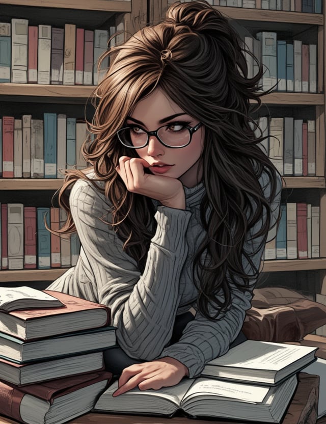 Masterpieces, score_9, score_8_up, score_7_up, 1_woman, Sexy, Modern, Bookworm, Glasses, Brown_Hair, Tight_Knit_Sweater, Slim_Figure, Shadowed_Eyes, Intellectual_Vibe, Sitting_With_Books, Studious_Look, Quiet_Expression, Soft_Lighting, Indoor_Library, Shy_Pose, Thoughtful_Gaze, PTAIWcomic