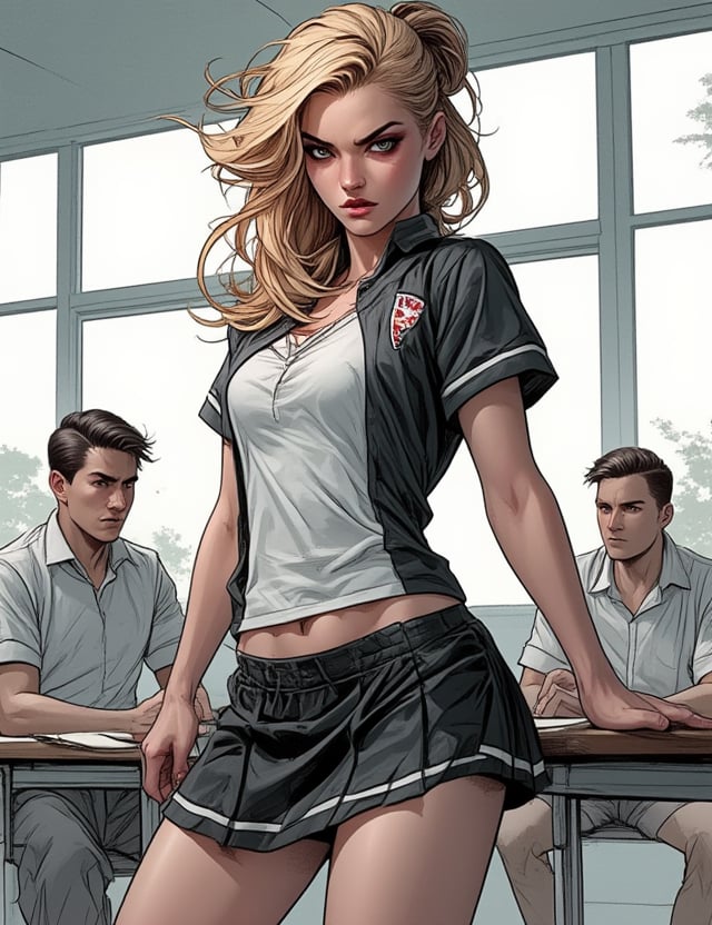 Masterpieces, score_9, score_8_up, score_7_up, 1_woman, Sexy, Modern, Bully, Blonde_Hair, School_Uniform, Dominant_Attitude, Aggressive_Expression, Mean_Girl, Short_Skirt, Tight_Shirt, Intimidating_Stance, Confident_Pose, Sneer, Tough_Girl_Vibe, Classroom_Background, Power_Hungry, Bullying_Others, PTAIWcomic