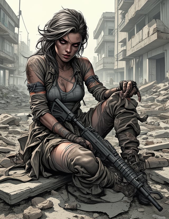 Masterpieces, score_9, score_8_up, score_7_up, 1_woman, Sexy, Post_Apocalypse, Survivor, Tattered_Clothing, Assault_Rifle, Resting_Amidst_Ruins, War_Torn_Look, Battle_Hardened, Worn_Outfit, Dirty_Face, Scarred_Skin, Calm_Pose, Urban_Ruins_Background, Survival_Mode, Strong_And_Resilient, PTAIWcomic