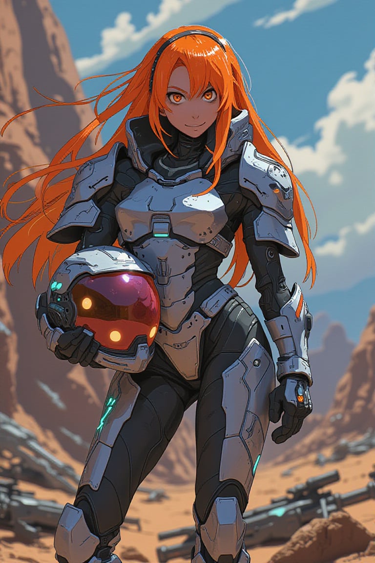 In a futuristic, sci-fi landscape, a striking Space Marine stands boldly, exuding an air of beauty and defiance. Clad in sleek, form-fitting armor that combines elegance with high-tech functionality, her figure is accentuated by the intricate designs etched into the surface. Her long hair flows freely, a vibrant color that contrasts sharply with the metallic tones of her armor. The armor features glowing accents and a stylish helmet that is casually held under her arm, revealing her captivating features and fierce determination.

Around her, the remnants of a battle scene hint at her rebellious spirit, with debris and futuristic weapons scattered across the ground. Her confident stance and piercing gaze reflect both strength and charisma, embodying the essence of a warrior who thrives in the chaos of the cosmos. With a playful smirk on her lips, she is ready to take on any challenge that comes her way, a beautiful force of nature in a world of conflict.

