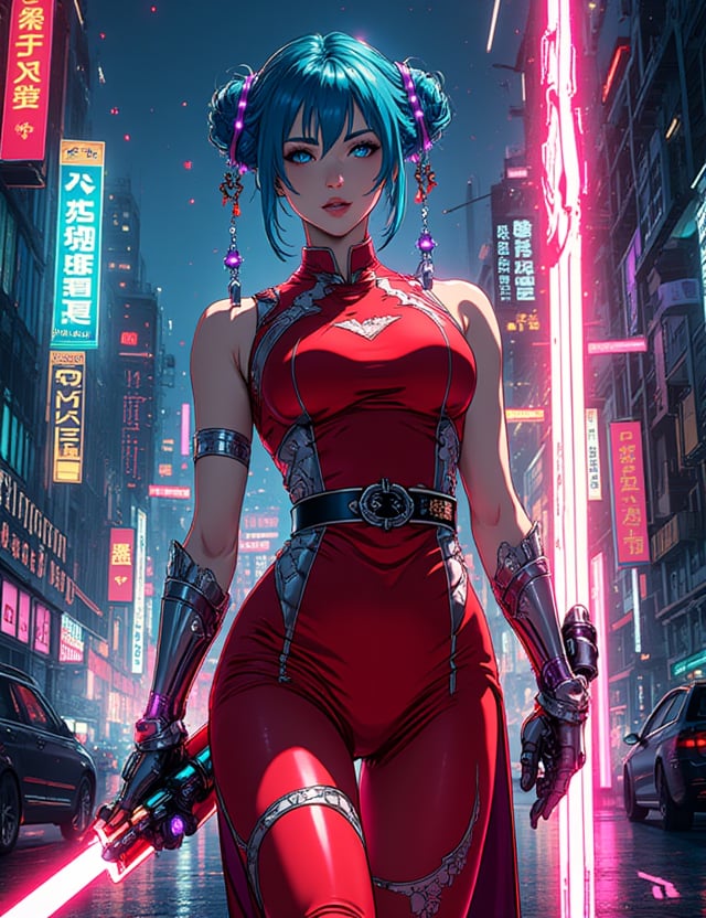 A beautiful and fierce female character in a Japanese manga style, inspired by Cyberpunk 2077. She wears a tight-fitting, bright red cheongsam that hugs her curves, but with a futuristic twist—the fabric has glowing neon circuits and metallic accents running along the edges, giving her a sleek, high-tech appearance. Her arms and legs are cybernetic, intricately designed with chrome plating and glowing components, showcasing her power and agility. She wields a long, futuristic version of a Chinese crescent blade (Qinglong Dao), with a glowing edge and tech enhancements, making it a deadly weapon in the cyberpunk world. Her hair is styled in traditional double buns, or "odango," dyed a vibrant blue, adding a playful yet sharp contrast to her intense presence. She stands in a battle-ready pose, one leg slightly forward and the blade held confidently at her side, her expression calm and focused with a hint of a smirk. The backdrop is a neon-lit cityscape, filled with towering skyscrapers and holographic signs, highlighting her as both a graceful and deadly mercenary in this cyberpunk universe.