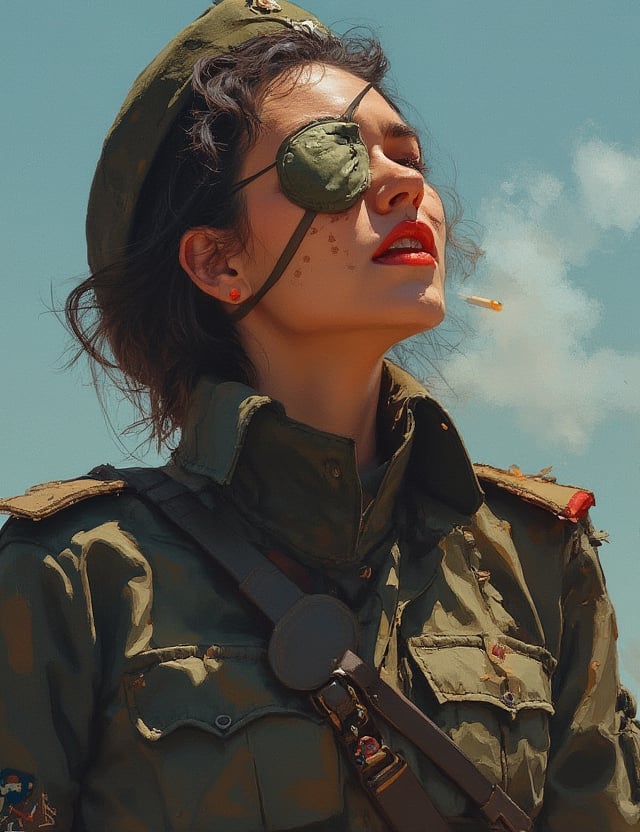 Masterpieces, score_9, score_8_up, score_7_up, 1_woman, Sexy, Retired_Soldier, Middle_Aged_Woman, World_War_II_Uniform, Eye_Patch, Missing_Arm, Smoking_Cigarette, Tired_Expression, Looking_At_Sky, Battle_Worn, Military_Attire, War_Veteran, Strong_But_Worn, Nostalgic_Aura, Gritty_Appearance, dal