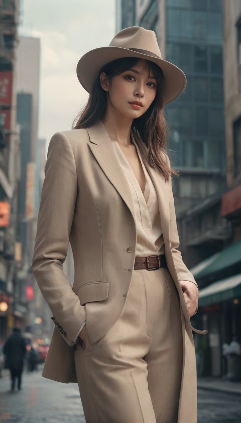 Stunning and beautiful Japanese milf, long stylish haircut, beige classic suit, naked jacket, seductive and aesthetic, hat, 40years old, office district background, cowboy shot,
 photo-realistic, masterpiece, soothing tones, 8k resolution, concept art of detailed character design, cinema concept, cinematic lighting, cinematic look, calming tones, incredible details, intricate details, hyper detail, Fuji Superia 400, 
stylish, elegant, breathtaking, mysterious, fascinating, untamed, curiously complete face, elegant, gorgeous, 
by Greg Rutkowski Repin artstation style, by Wadim Kashin style, by Konstantin Razumov style, Ayase Haruka's face,
,aesthetic portrait, cinematic moviemaker style, in the style of esao andrews