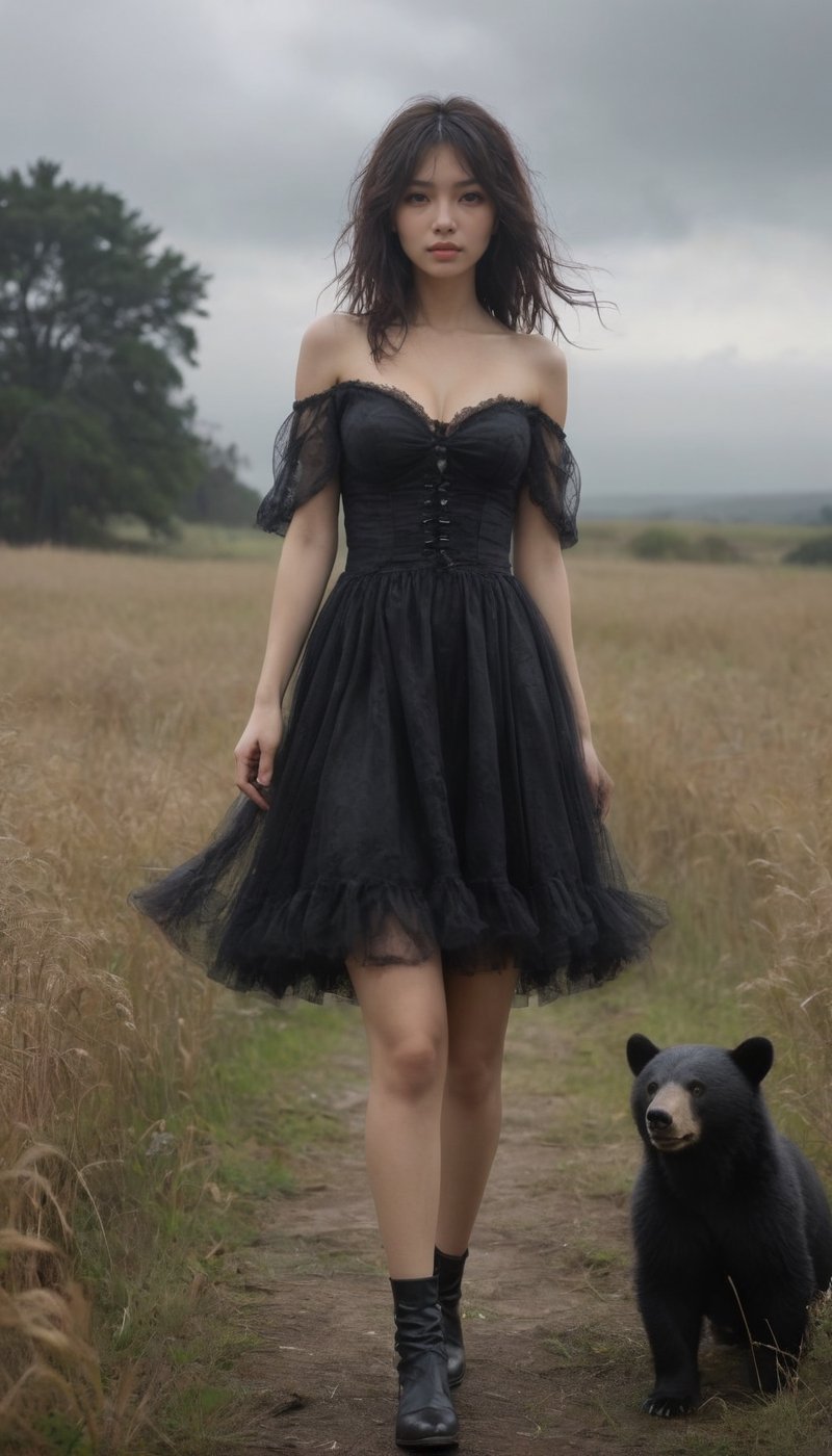 Stunning and beautiful Japanese super model with biggest black bear, at the filed of dead, 
Wearing black mini cocktail dress, cleavage, off-shoulder, tousled messy hair, exposing one breast, 
foggy and stormy weather, 
18mm lens, zoom out, wide angle, (far wide-angle:2), 
photo-realistic, masterpiece, soothing tones, 8k resolution, concept art of detailed character design, cinema concept, cinematic lighting, cinematic look, calming tones, incredible details, intricate details, hyper detail, Fuji Superia 400,
stylish, elegant, breathtaking, mysterious, fascinating, curiously complete face, elegant, gorgeous, 
ART by Esao Andrews style, by Greg Rutkowski Repin artstation style, by Wadim Kashin style, by Konstantin Razumov style, Tim burton style, dark gothic style, 
,aesthetic portrait, cinematic moviemaker style, in the style of esao andrews