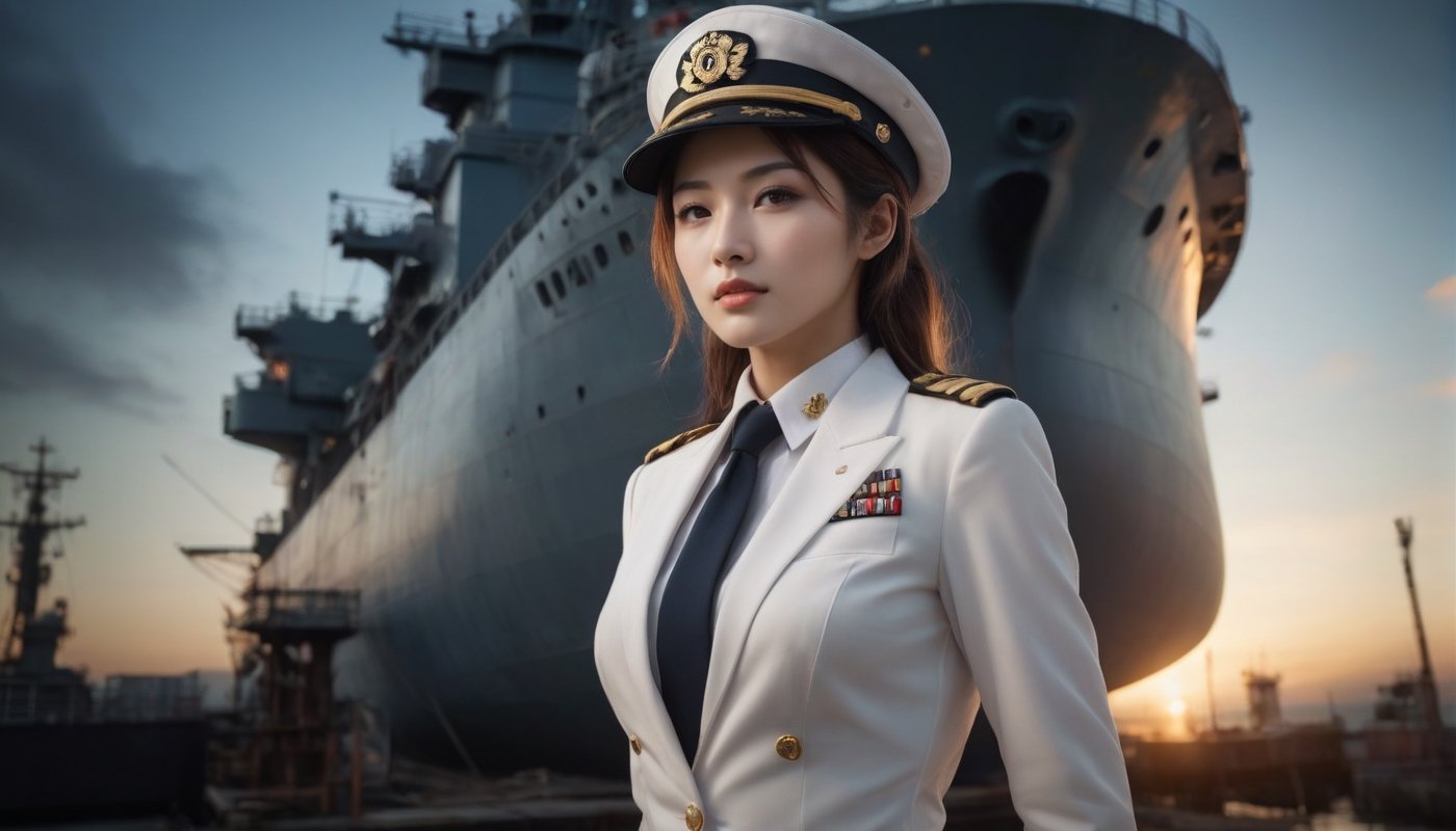 Stunning and beautiful Japanese navy, full-body side view from below shot, white navy uniform, white military cap, 
sexy pose, sets the scene in a port, with a large military war ship.
sexy uniform, dynamic pose, model pose, tall body, 
wide angle landscape photo, 18mm lens, zoom out, (far wide-angle:2), 
masterpiece, best shadow, cinematic film, insanelly detailled, 8k resolution, hyperrealism photo, concept art of detailed character design, cinema concept, cinematic lighting, 
stylish, elegant, breathtaking, mysterious, fascinating, curiously complete face, elegant, gorgeous, 8k, cinematic look, calming tones, incredible details, intricate details, hyper detailed, low contrast, soft cinematic lights, Superia 400, warm tones, Ayase Haruka's face,
aesthetic portrait, cinematic moviemaker style, in the style of esao andrews,esao andrews style,esao andrews art,