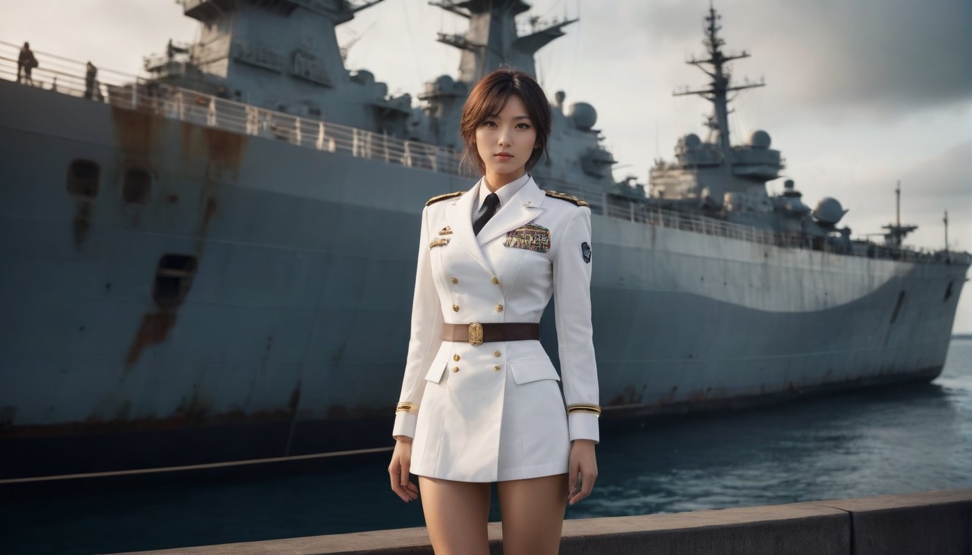 Stunning and beautiful Japanese navy, full-body side view, white navy uniform, sexy pose, sets the scene in a port, with a large military war ship.
sexy uniform, dynamic pose, model pose, tall body, 
wide angle landscape photo, 18mm lens, zoom out, (far wide-angle:2), 
masterpiece, best shadow, cinematic film, insanelly detailled, 8k resolution, hyperrealism photo, concept art of detailed character design, cinema concept, cinematic lighting, 
stylish, elegant, breathtaking, mysterious, fascinating, curiously complete face, elegant, gorgeous, 8k, cinematic look, calming tones, incredible details, intricate details, hyper detailed, low contrast, soft cinematic lights, Superia 400, warm tones, Ayase Haruka'sface,
aesthetic portrait, cinematic moviemaker style, in the style of esao andrews,esao andrews style,esao andrews art,