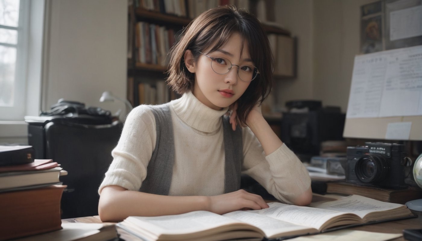 Stunning and beautiful Japanese, take a sleep on the desk, close eyes, office, work environment, monitors, books, memo, paper, black board,
messy wavy short hair, bare face, a few freckles, black horn-rimmed glasses, wearing white sleeveless turtle neck sweater, 
Full-body side pose, ultra wide angle photo, 18mm lens, zoom out,
photo-realistic, masterpiece, soothing tones, 8k resolution, concept art of detailed character design, cinema concept, cinematic lighting, cinematic look, calming tones, incredible details, intricate details, hyper detail, Fuji Superia 400, 
stylish, elegant, breathtaking, mysterious, fascinating, untamed, curiously complete face, elegant, gorgeous, 
by Greg Rutkowski Repin artstation style, by Wadim Kashin style, by Konstantin Razumov style, Ayase Haruka's face,
,aesthetic portrait, cinematic moviemaker style, in the style of esao andrews