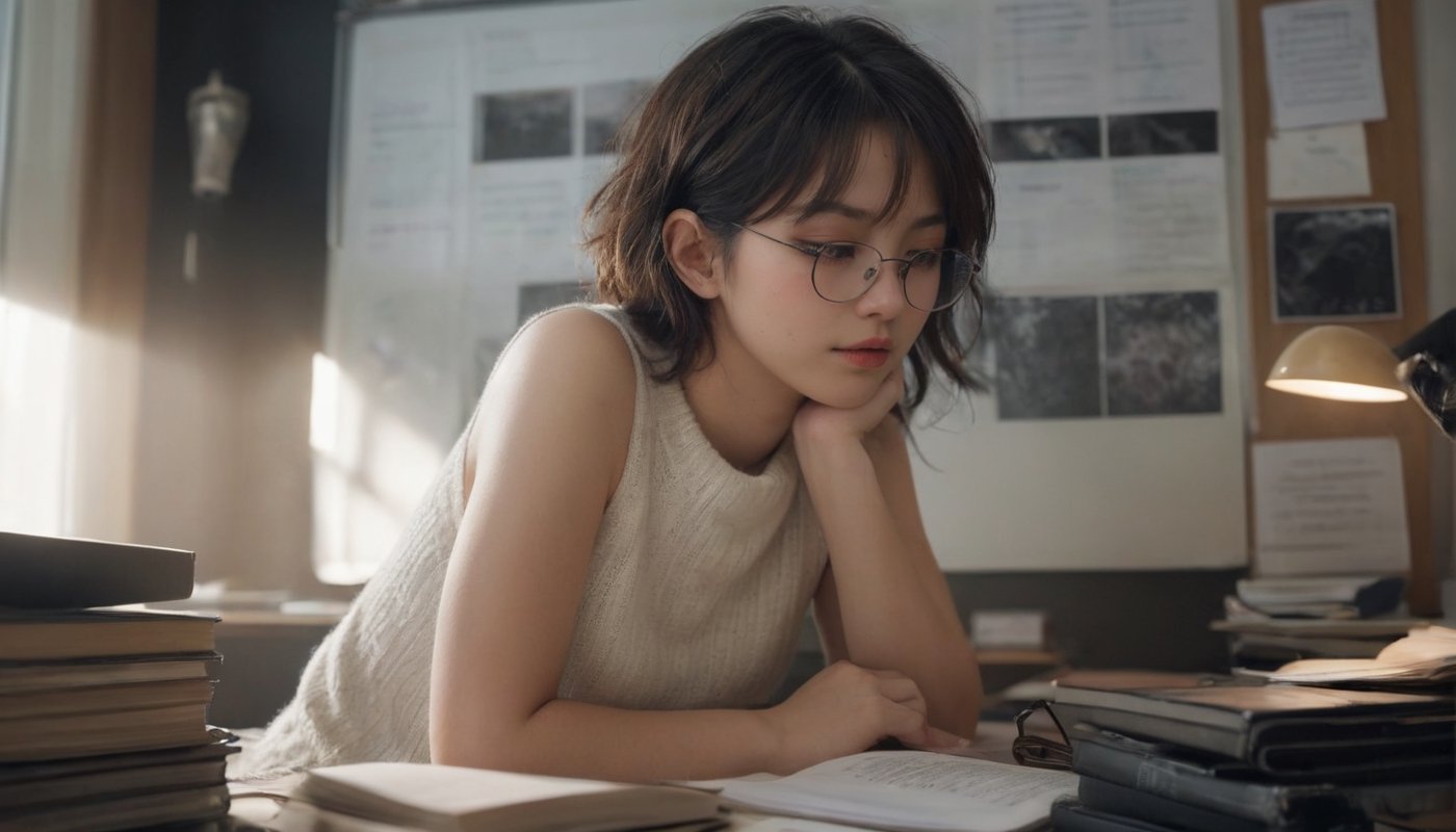 Stunning and beautiful Japanese, take a sleep and face down on the desk, close eyes, office, work environment, monitors, books, memo, paper, black board,
messy wavy short hair, bare face, a few freckles, black horn-rimmed glasses, wearing white sleeveless turtle neck sweater, 
Full-body side pose, ultra wide angle photo, 18mm lens, zoom out,
photo-realistic, masterpiece, soothing tones, 8k resolution, concept art of detailed character design, cinema concept, cinematic lighting, cinematic look, calming tones, incredible details, intricate details, hyper detail, Fuji Superia 400, 
stylish, elegant, breathtaking, mysterious, fascinating, untamed, curiously complete face, elegant, gorgeous, 
by Greg Rutkowski Repin artstation style, by Wadim Kashin style, by Konstantin Razumov style, Ayase Haruka's face,
,aesthetic portrait, cinematic moviemaker style, in the style of esao andrews