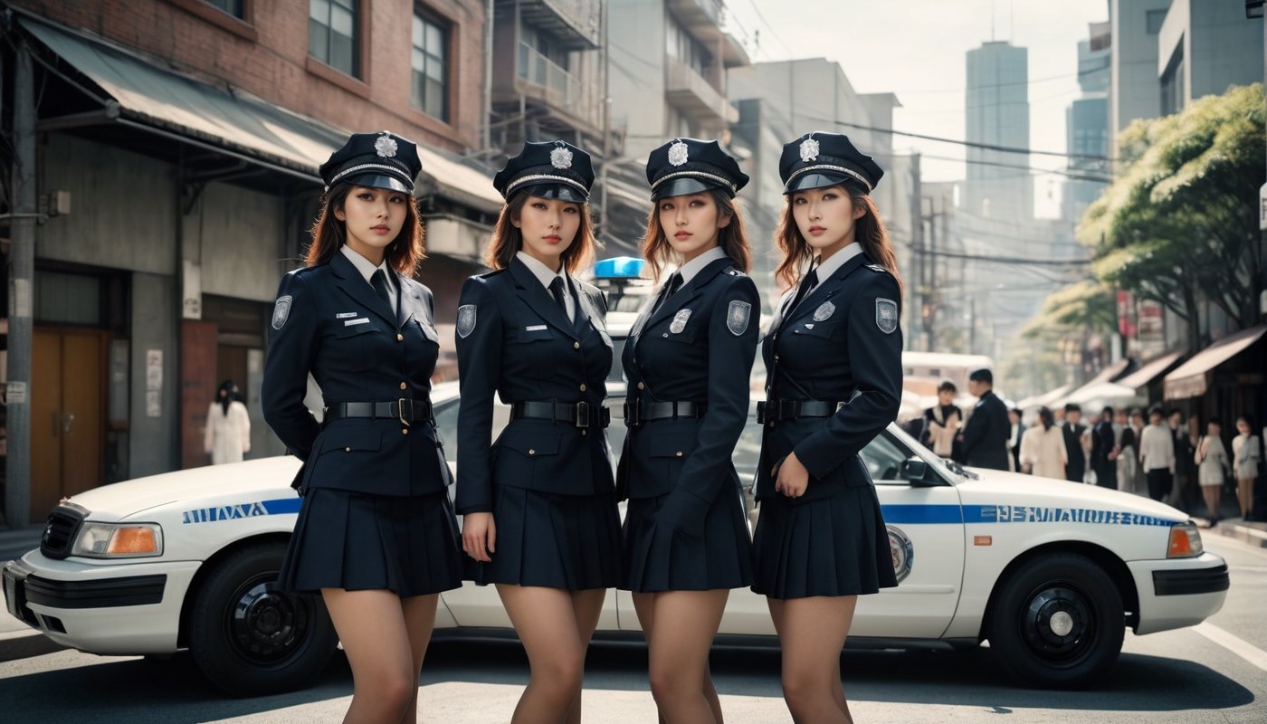 Stunning and beautiful Japanese police officers, three girls, full-body side view, beside a patrol car, downtown street, sexy uniform, 
wide angle landscape photo, 18mm lens, zoom out, (far wide-angle:2), 
masterpiece, best shadow, cinematic film, insanelly detailled, 8k resolution, hyperrealism photo, concept art of detailed character design, cinema concept, cinematic lighting, 
stylish, elegant, breathtaking, mysterious, fascinating, curiously complete face, elegant, gorgeous, 8k, cinematic look, calming tones, incredible details, intricate details, hyper detailed, low contrast, soft cinematic lights, Superia 400, warm tones, ,aesthetic portrait, cinematic moviemaker style, in the style of esao andrews,esao andrews style,esao andrews art