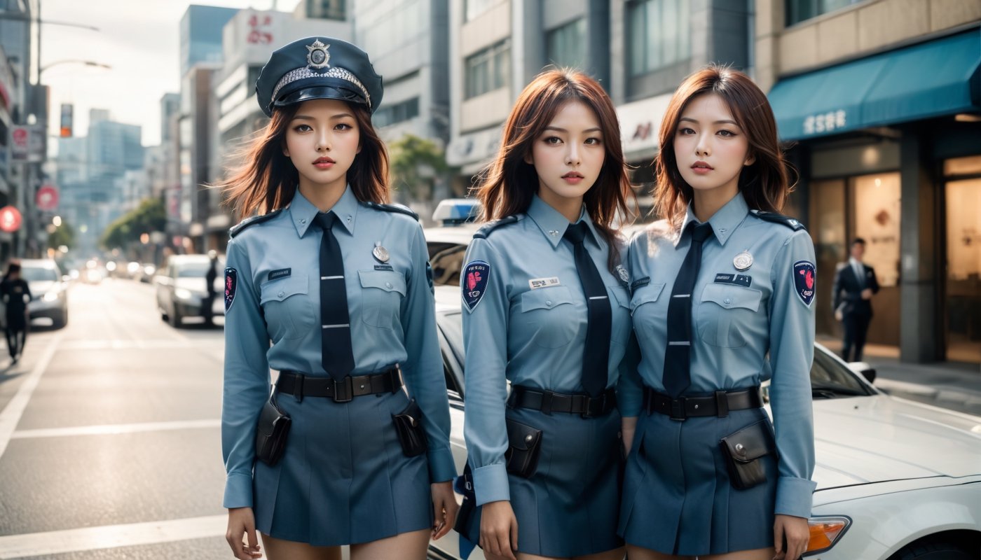 Stunning and beautiful Japanese police officers, three girls, full-body side view, beside a patrol car, downtown street, sexy uniform, dynamic pose, model pose, tall body, 
wide angle landscape photo, 18mm lens, zoom out, (far wide-angle:2), 
masterpiece, best shadow, cinematic film, insanelly detailled, 8k resolution, hyperrealism photo, concept art of detailed character design, cinema concept, cinematic lighting, 
stylish, elegant, breathtaking, mysterious, fascinating, curiously complete face, elegant, gorgeous, 8k, cinematic look, calming tones, incredible details, intricate details, hyper detailed, low contrast, soft cinematic lights, Superia 400, warm tones, ,aesthetic portrait, cinematic moviemaker style, in the style of esao andrews,esao andrews style,esao andrews art,korean girl,more detail XL