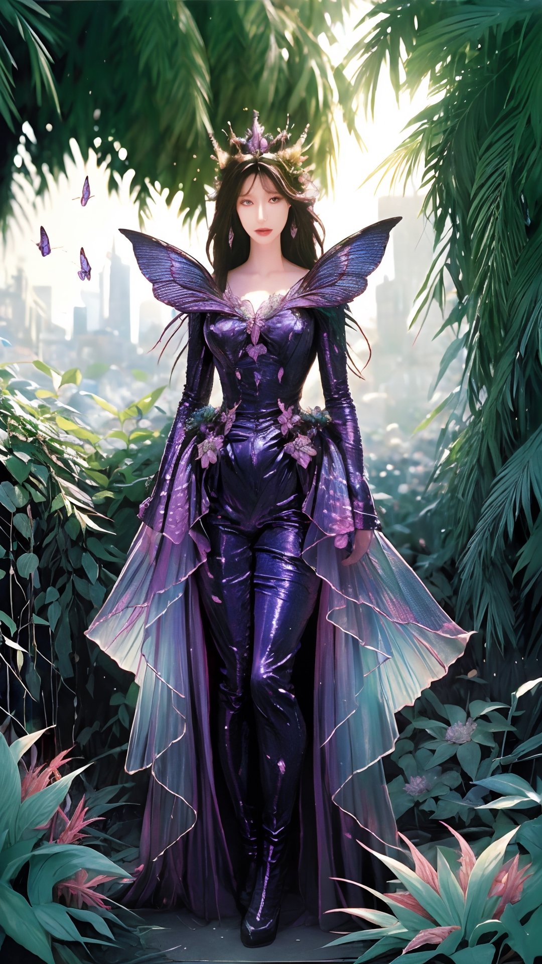  hyper realistic image of a portrayal of an eldritch insect queen metamorph monster transforming in a forgotten garden overrun with twisted flora. Illuminate the scene with surreal, otherworldly colors as the creature undergoes its metamorphic stages.