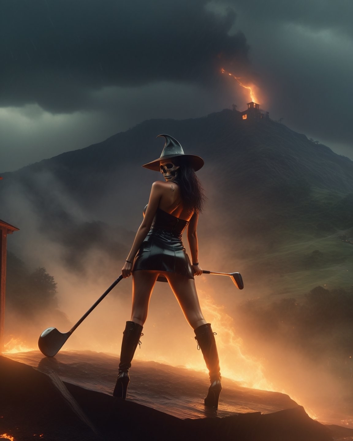 1 sexy witch holding up a large ancient golf club iron, (standing on top of a large mountain), in the background there is the burning halfway house and golf course, golf course, intense lightning, dark and rainy, a grey swamp and an army of skeletons, she is wearing a sexy witches outfit, (tatoos on body:1.15), witch's horn, very dark vibes, (lighting strike in he background), ((rain)), wet skin, very cinematic sony photography for the box art of a movie (best quality,8k,highres,photorealism:1.3), (rain), (wet hair), ultra-detailed, ,detailmaster2,Movie Still,HellAI,fire,b3rli,fire element,skull