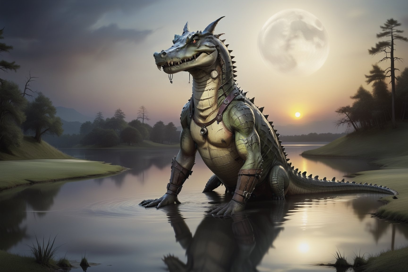 post-apocalyptic sunset at the end of word a crocodile is swimming in the golf course lake drawing, moonlight, moonlight, legendary big crocodile, ,ichika,steampunk style,DonMn1ghtm4reXL