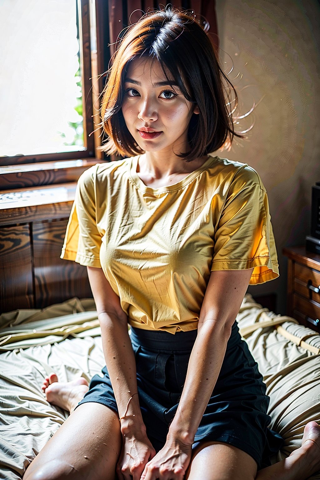 beauty girl,short hair,sitting on bed,chubby,yellow shirt,brown skirt,less light