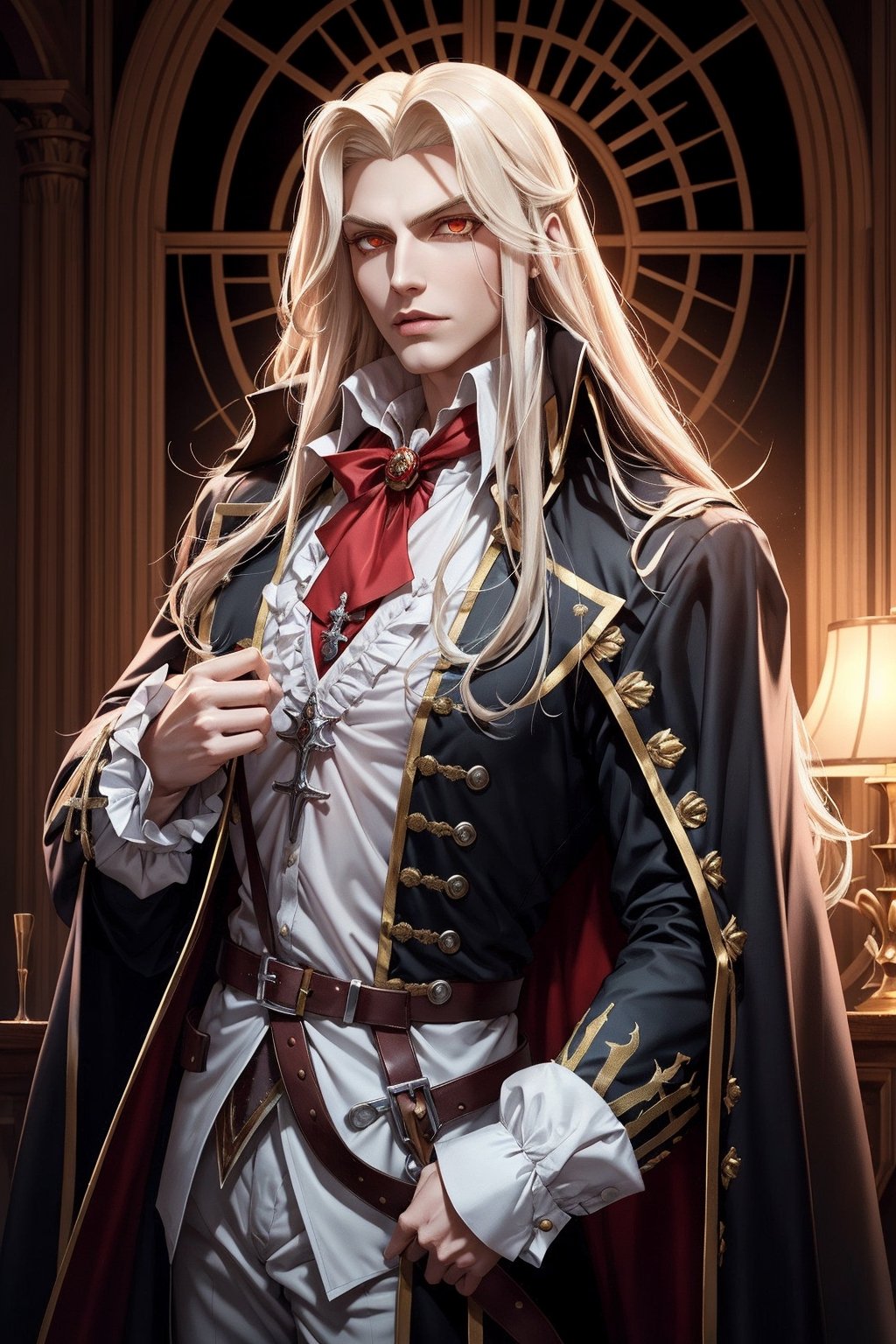 masterpiece,best quality,ultra-detailed,High detailed,picture-perfect face,man,alucard,manly,red glowing eyes,white curled hair,long hair,alucardcastlevania,black and gold trimmed frock,castlevania,konami,infront of gothic castle,