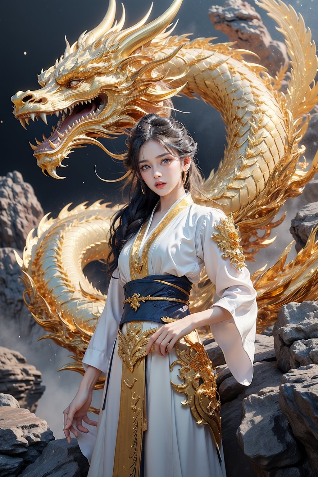 masterpiece, top quality, best quality, official art, beautiful and aesthetic:1.2), (1girl:1.3), , girl, blue hair, hanfu fashion, chinese dragon,  white dragon, (golden theme:1.5), volumetric lighting, ultra-high quality, photorealistic, misty rock moutain background,AgoonGirl