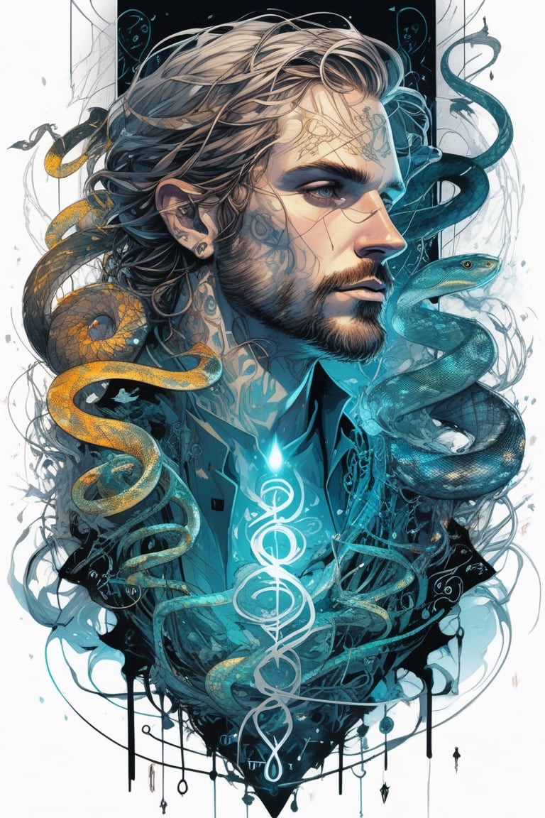 (masterpiece, best quality:1.3), (magic glyphs floating:1.2), style of Cyril Rolando, Yōji Shinkawa, Gris Grimly, Carne Griffiths, upper body portrait of a Sorcerer intertwined with snakes, (Glowing runic. surrounded by numbers and symbols:1.4), intricate, extremely detailed, Anime Style, sharp focus, cinematic lighting