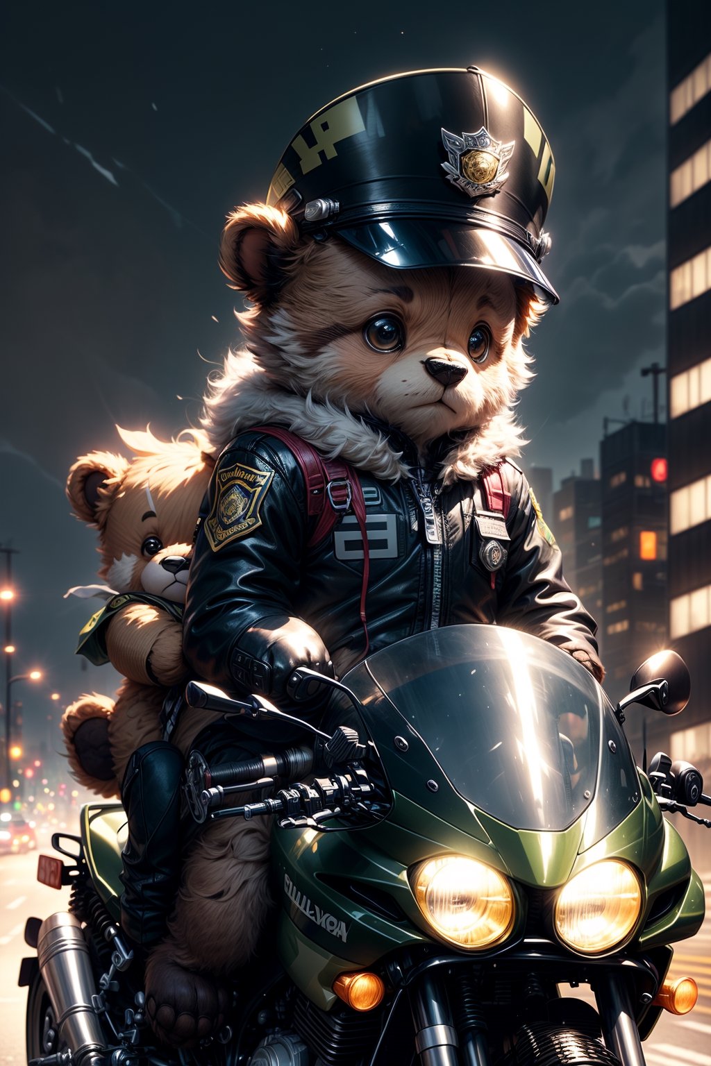 Masterpiece, top quality, 4k, 8k, a cute brown teddy bear, wearing a fluorescent yellow zippered long-sleeved thin police uniform on the upper body, black pants on the lower body, a white police cap on the head, holding a direction controller, Riding a Kawasaki motorcycle with light scene and city in the background