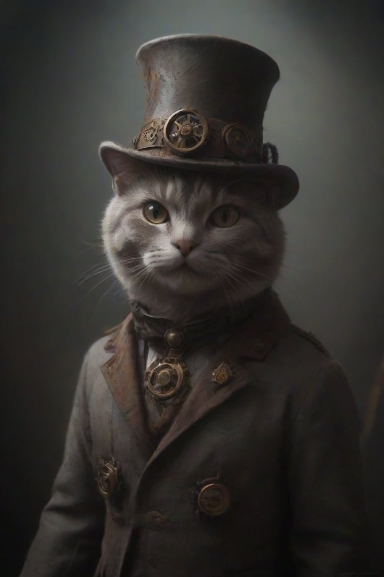 Create a steampunk style anthropomorphic British gray shorthair cat character wearing a top hat decorated with gears and mechanical details. The character should have complex mechanical body parts, suggesting a fusion between organic life and machinery, and be set against a deliberately blurry background that hints at more steampunk elements without taking the focus away from the character itself .
Negative cues