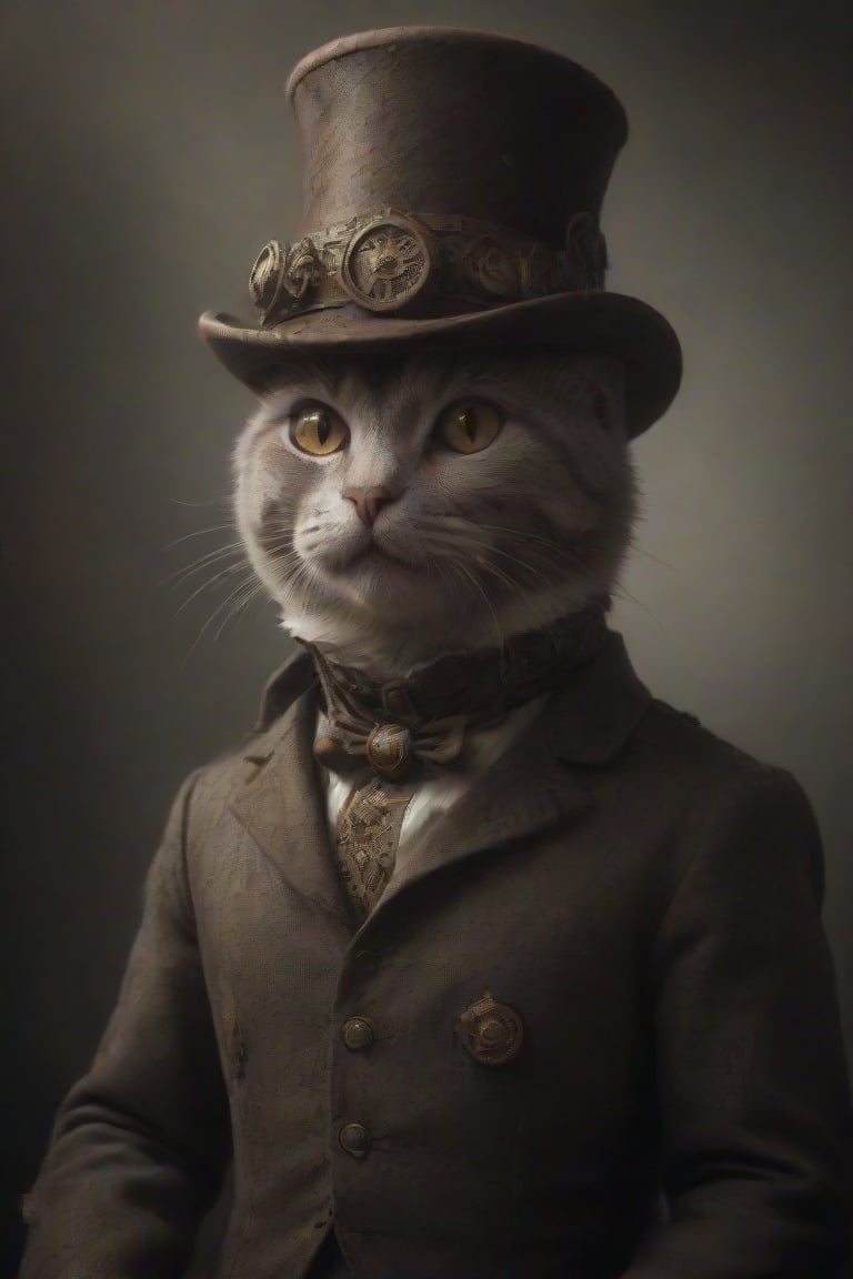 Create a steampunk style anthropomorphic British gray shorthair cat character wearing a top hat decorated with gears and mechanical details. The character should have complex mechanical body parts, suggesting a fusion between organic life and machinery, and be set against a deliberately blurry background that hints at more steampunk elements without taking the focus away from the character itself .
Negative cues