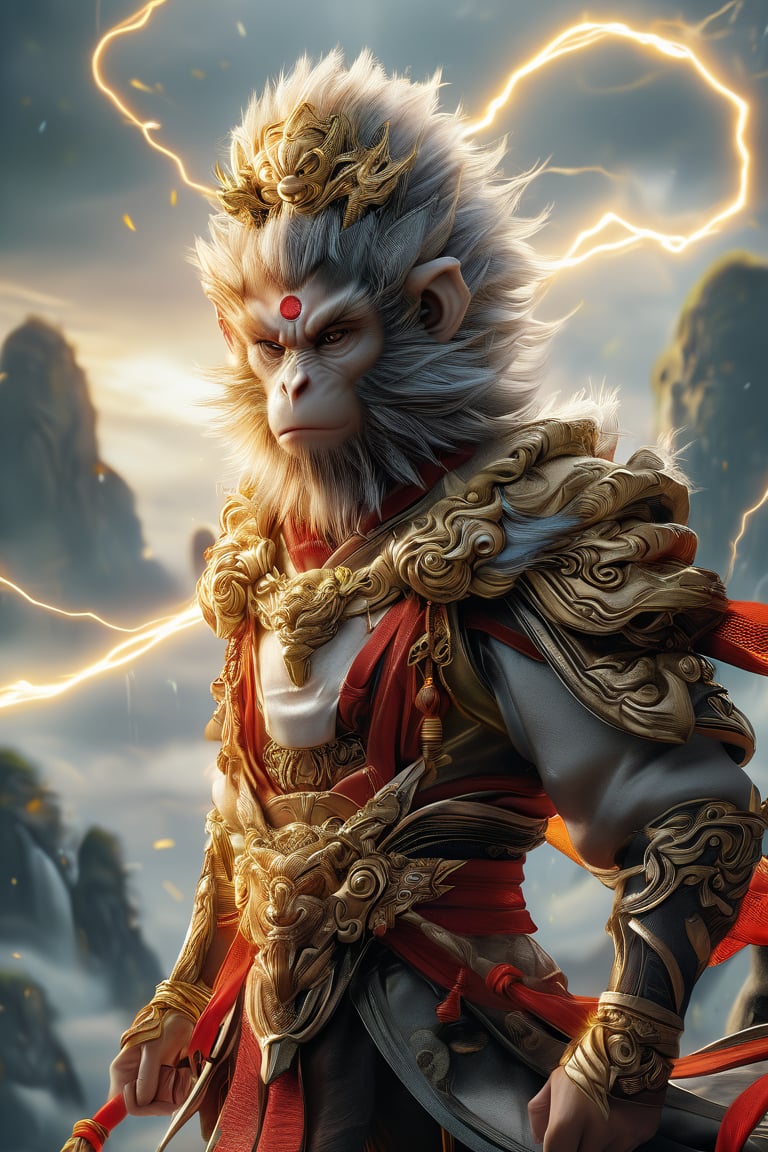 sunwukong,(masterpiece:1.3),(8K, realistically, RAW photogr, Best quality at best:1.4),solo,1Monkey King,looking at viewer,Hair accessories, thunder and lightning,Grey hair