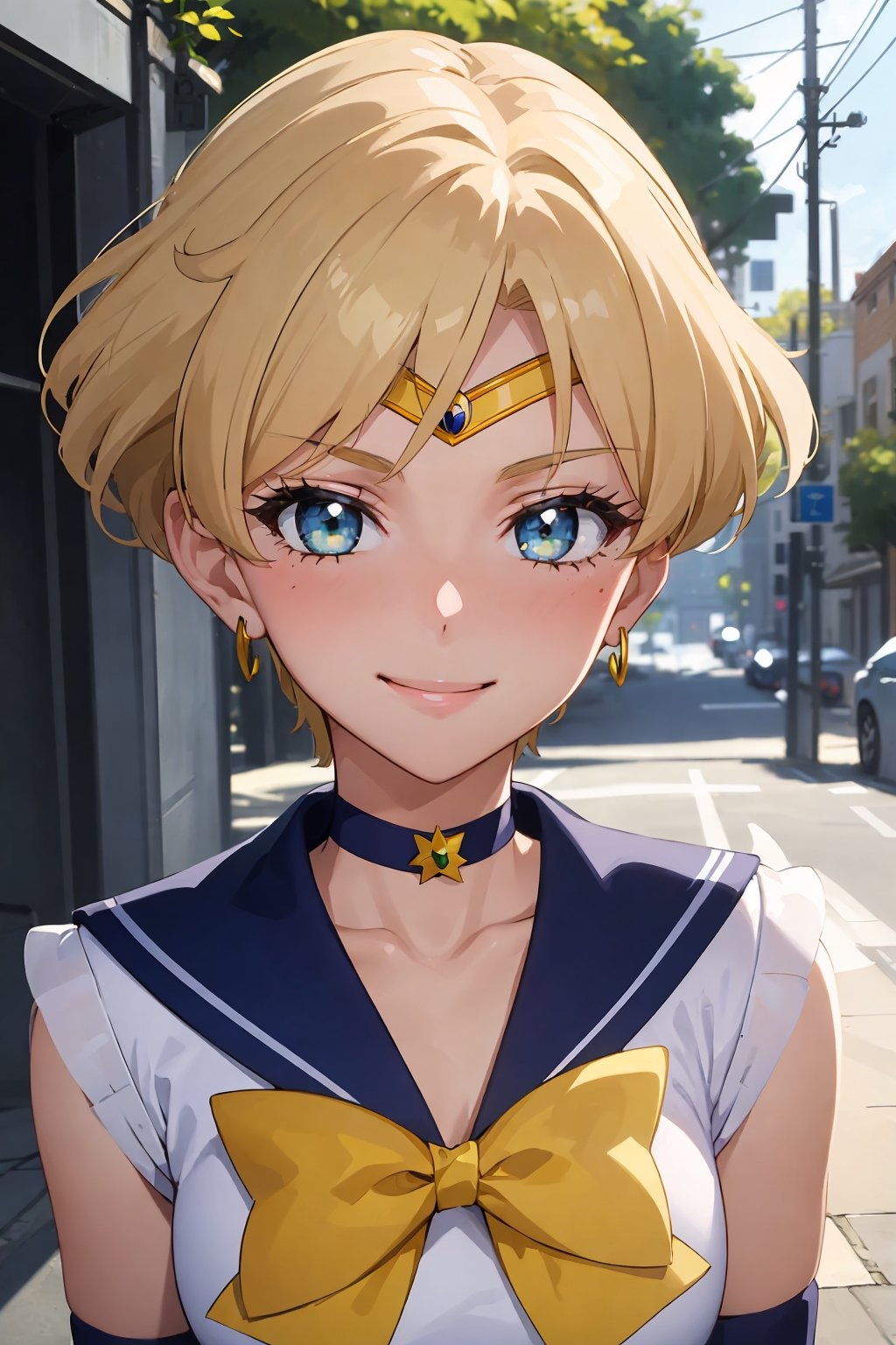 (best quality:1.1), (masterpiece:1.4), (absurdres:1.0), portrait, close-up,1girl, sailor uranus, KizukiAi, mature woman, small breasts, aqua eyes, blonde hair, sailor senshi uniform, sailor collar, chest bow, back bow, plead skirt, white elbow gloves, city, street, alley, (blush:1.2), looking at viewer, (smile:1.2), 