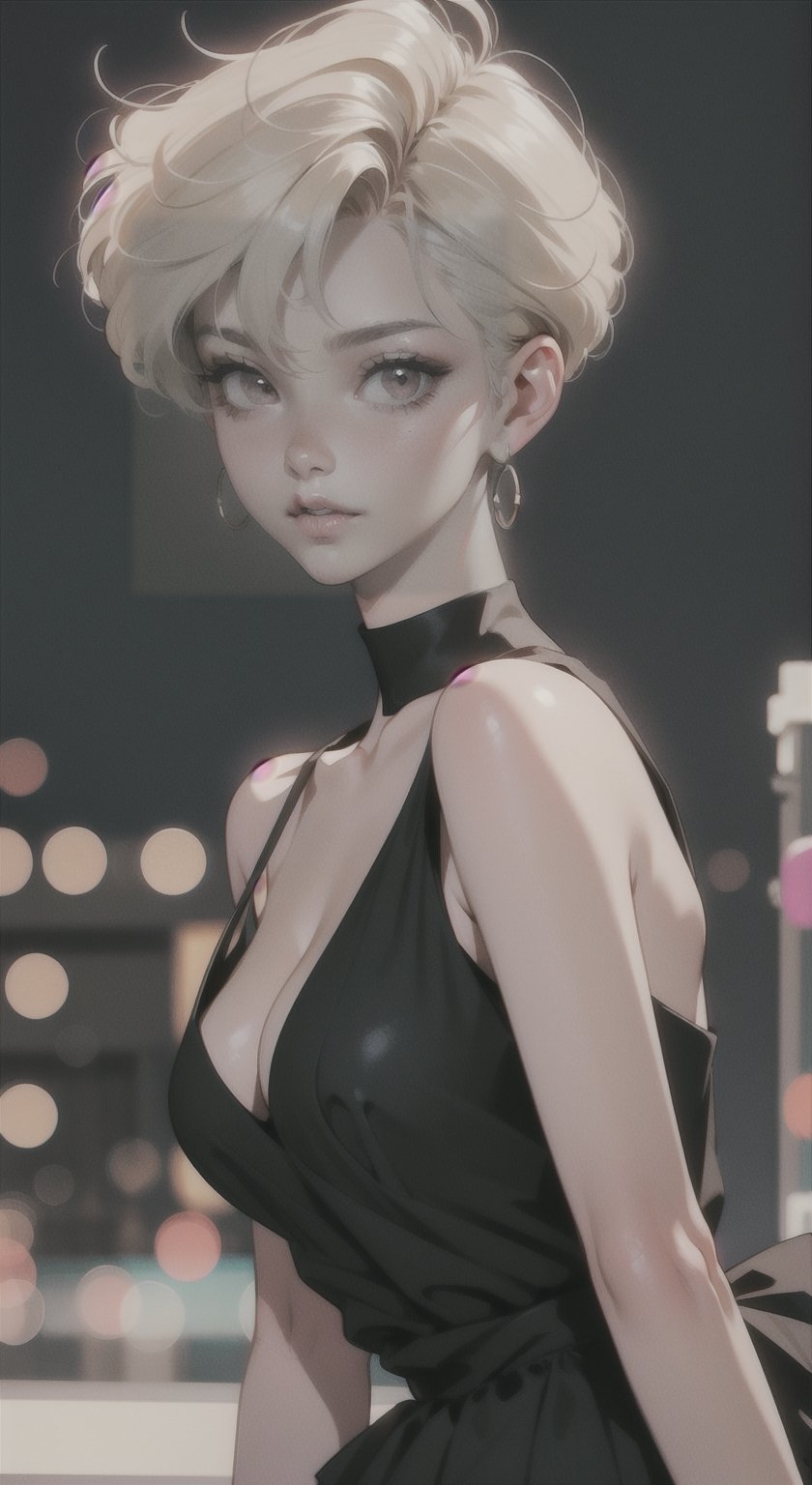 1girl, solo, breasts, side face, short hair, blue eyes, blonde hair, dress, cleavage, hair between eyes,, medium breasts, closed mouth,  earrings, sleeveless, star \(symbol\), black dress, lips, casual dress, armlet, party dress,retro artstyle, city background, portrait, sailor uranus, yofukashi background, short skirt, ,night city whole body, legs,blurry_light_background,bzsohee, 