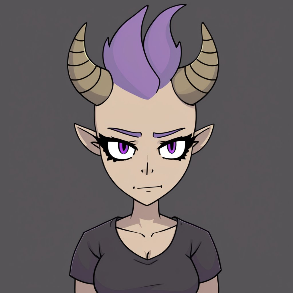 t5ua, a girl with an purple mohawk, steampunk shirt, thick eyebrows, animal large horns, solid black background