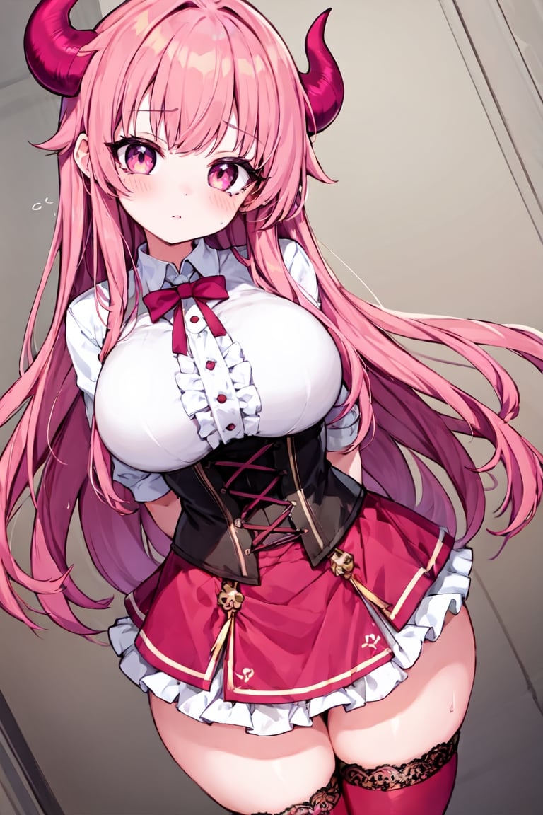 1girl, solo, (face, close-up, eye focus:0.3), eyelashes, eyeliner, head tilt,perspective, blush, dutch angle, minigirl, petite, dragon_girl, horns, lace, corset, underbust, (huge breasts:1),long straight hair, pink hair, frilled dress, petite, minigirl, (wide hips, curvy, plump:0.35), slender, sweat, slit pupils, tight clothes, impossible clothes, (dirndl:0.7), white shirt, button, gown, princess, frills, (nipples:0.6)