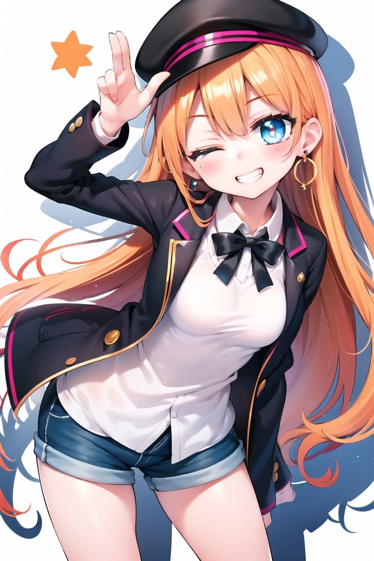 (eye focus, face, close-up:0.5), casual blouse, jacket, orange hair, hat, earrings, peace_gesture, shorts, long wavy hair, grin, smile, starry eyes, slender, shadow, leaning_forward, perspective, dutch angle, head tilt, one eye closed, winking, pink theme