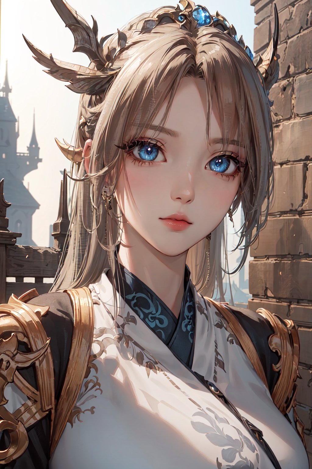 (masterpiece:1.6, best quality), (finely detailed beautiful eyes: 1.2), (extremely detailed CG unity 8k wallpaper, masterpiece, ultra-detailed, best shadow), (detailed background), (beautiful detailed face, beautiful detailed eyes), High contrast, (best illumination, an extremely delicate and beautiful), (light and shadow:1.2), (colorful light), ((ray tracing ambient occulusion)), (post processing:1.3), (cgi art:1.3), (realistic:1.2),High detailed, dynamic pose,hanfu, fantasy theme, fantasy building, castle, beautiful panorama, outside, ,ff14bg, expressionless, scenery, elegant pose, wide shoots, detailed eyes, perfect eyes, eyeliner