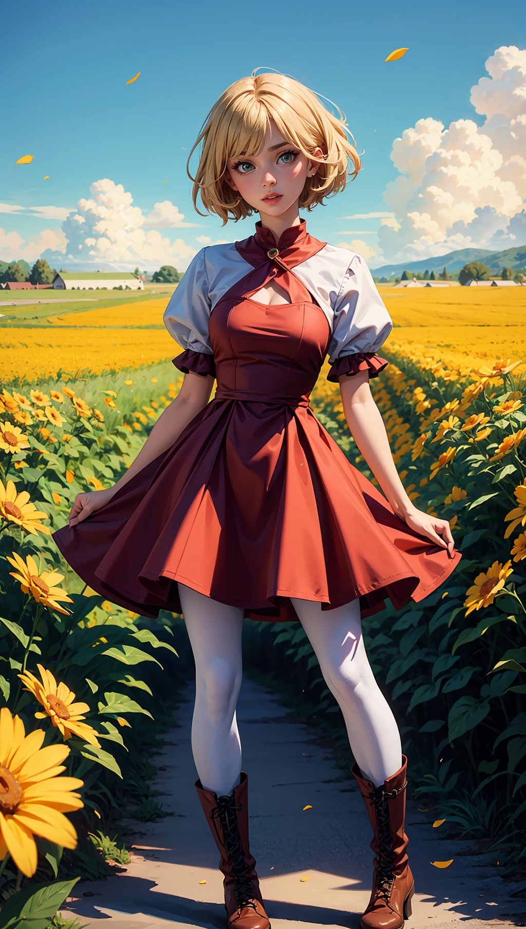 (masterpiece, top quality, best quality, official art, beautiful and aesthetic:1.2), 1girl, flower, solo, petals, breasts, short_hair, blonde_hair, medium_breasts, yellow_flower, dress, flower_field, parted_lips, looking_at_viewer, field, white_flower, orange_theme, upper_body, dark simple background, looking at viewer, blonde,
pantyhose, boots, full_body