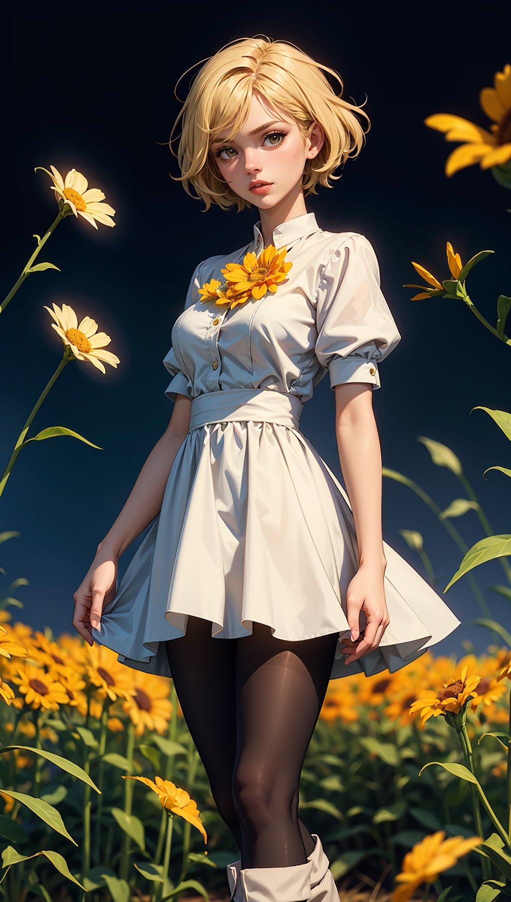 (masterpiece, top quality, best quality, official art, beautiful and aesthetic:1.2), 1girl, flower, solo, petals, breasts, short_hair, blonde_hair, medium_breasts, yellow_flower, dress, flower_field, parted_lips, looking_at_viewer, field, white_flower, orange_theme, upper_body, dark simple background, looking at viewer, blonde,
pantyhose, boots, full_body