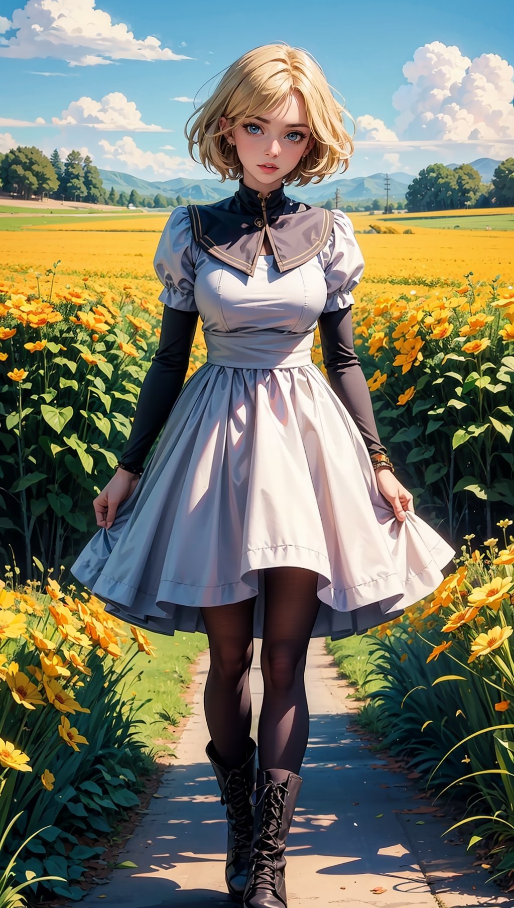 (masterpiece, top quality, best quality, official art, beautiful and aesthetic:1.2), 1girl, flower, solo, petals, breasts, short_hair, blonde_hair, medium_breasts, yellow_flower, dress, flower_field, parted_lips, looking_at_viewer, field, white_flower, orange_theme, upper_body, dark simple background, looking at viewer, blonde,
pantyhose, boots, full_body