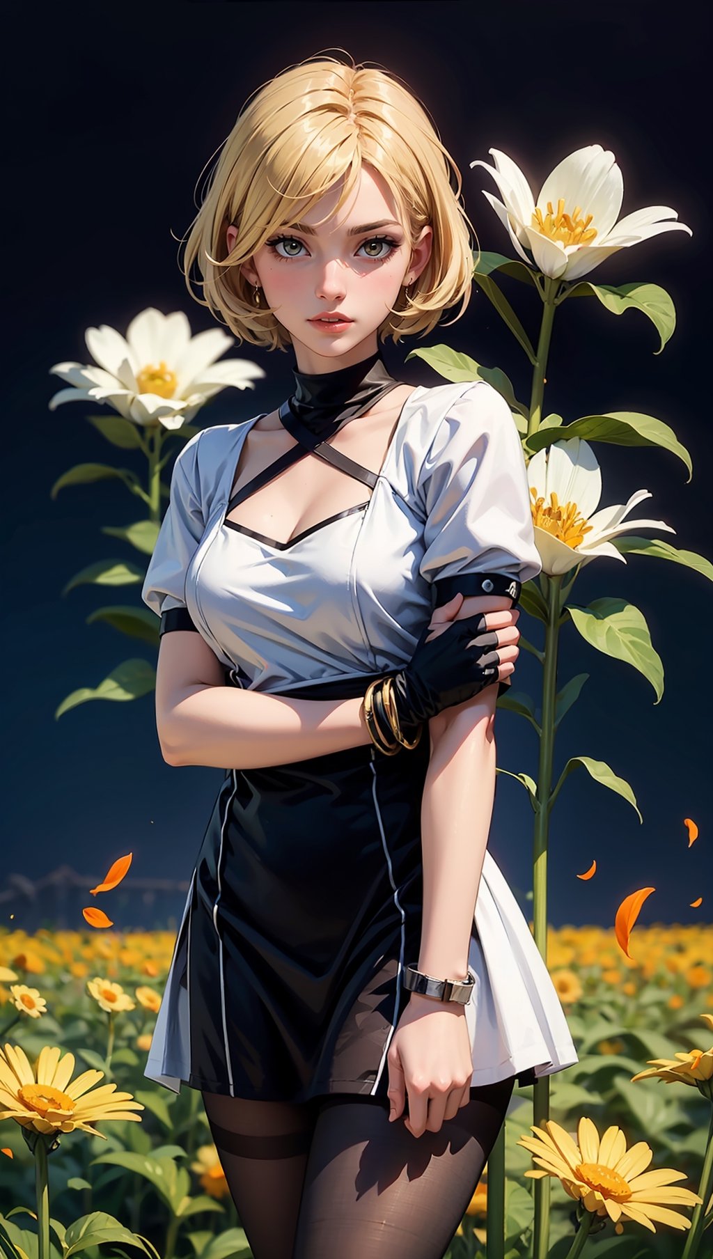 (masterpiece, top quality, best quality, official art, beautiful and aesthetic:1.2), 1girl, flower, solo, petals, breasts, short_hair, blonde_hair, medium_breasts, yellow_flower, dress, flower_field, parted_lips, looking_at_viewer, field, white_flower, orange_theme, upper_body, dark simple background, looking at viewer, blonde,
pantyhose, boots, full_body