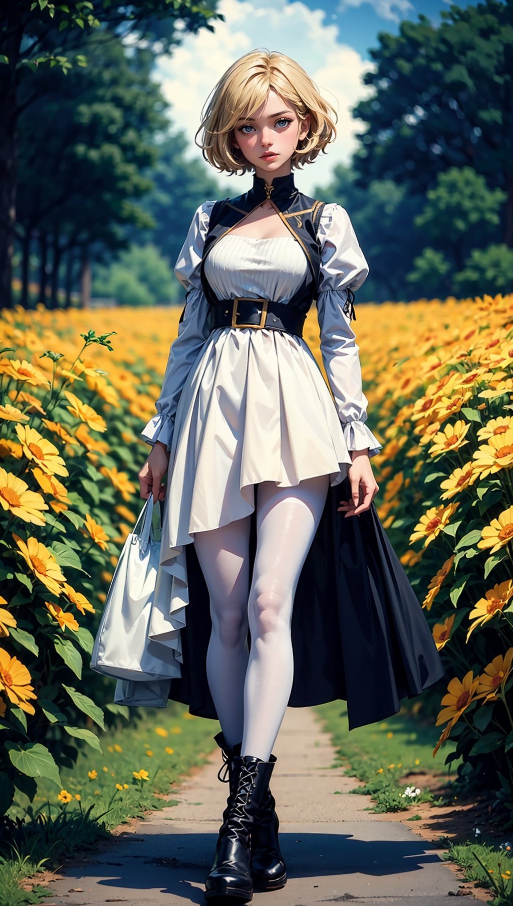 (masterpiece, top quality, best quality, official art, beautiful and aesthetic:1.2), 1girl, flower, solo, petals, breasts, short_hair, blonde_hair, medium_breasts, yellow_flower, dress, flower_field, parted_lips, looking_at_viewer, field, white_flower, orange_theme, upper_body, dark simple background, looking at viewer, blonde,
white pantyhose, boots, full_body