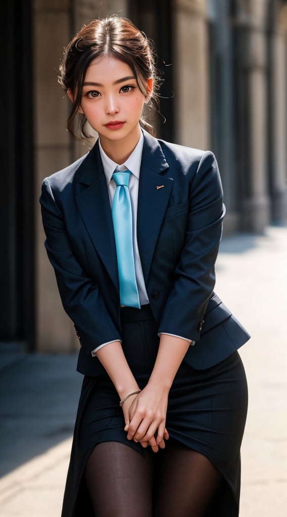 ((((ntelligent woman in her 30s, wearing a stylish business suit and looking directly at the camera. She has a determined expression on her face, and her eyes are filled with ambition. The background is blurred, creating a sense of focus on the woman's face)))), bokeh, (((contrast 0.8))), (((super stylish))), smiling, ((((medium_breasts)))), (((tan skin))),  (((full length portraits))), A_beautiful_American_young_woman, slight_grin, random_facial_expressions, (((Correct_facial_features))), perfect_face, Flirting,12K, African, Asia, India, Caucasian, ((perfect_face)), slick_hair, enameled, soft_studio_lighting, dynamic_pose's, (((hyper_detailed_face))), (((perfect_eye, perfect_fingers))), backlighting, colorful, cinematic_film_still. beautiful_lighting, best_quality, realistic, full_length_portrait, real_image, intricate_details, 1_Italian woman, beautifully_tanned_olive skin, highly_detailed, captivating_facial_features, tall, anatomically_correct, Fujifilm_XT3, outdoors, atmospheric_glow, RAW photo, 8k uhd, film grain, 6000, female, Movie Still, photo r3al, Film Still, Cinematic, Cinematic Shot, female focus, Italian female, AngelicStyle, Cinematic Lighting, Germany female, France female, European Country would you Like, ,High detailed ,Color magic,Saturated colors,FFIXBG,chubby,Color saturation ,SAM YANG,1 girl,perfecteyes,yuzu,renaissance,blurry_light_background, skirt, necktie, pantyhose