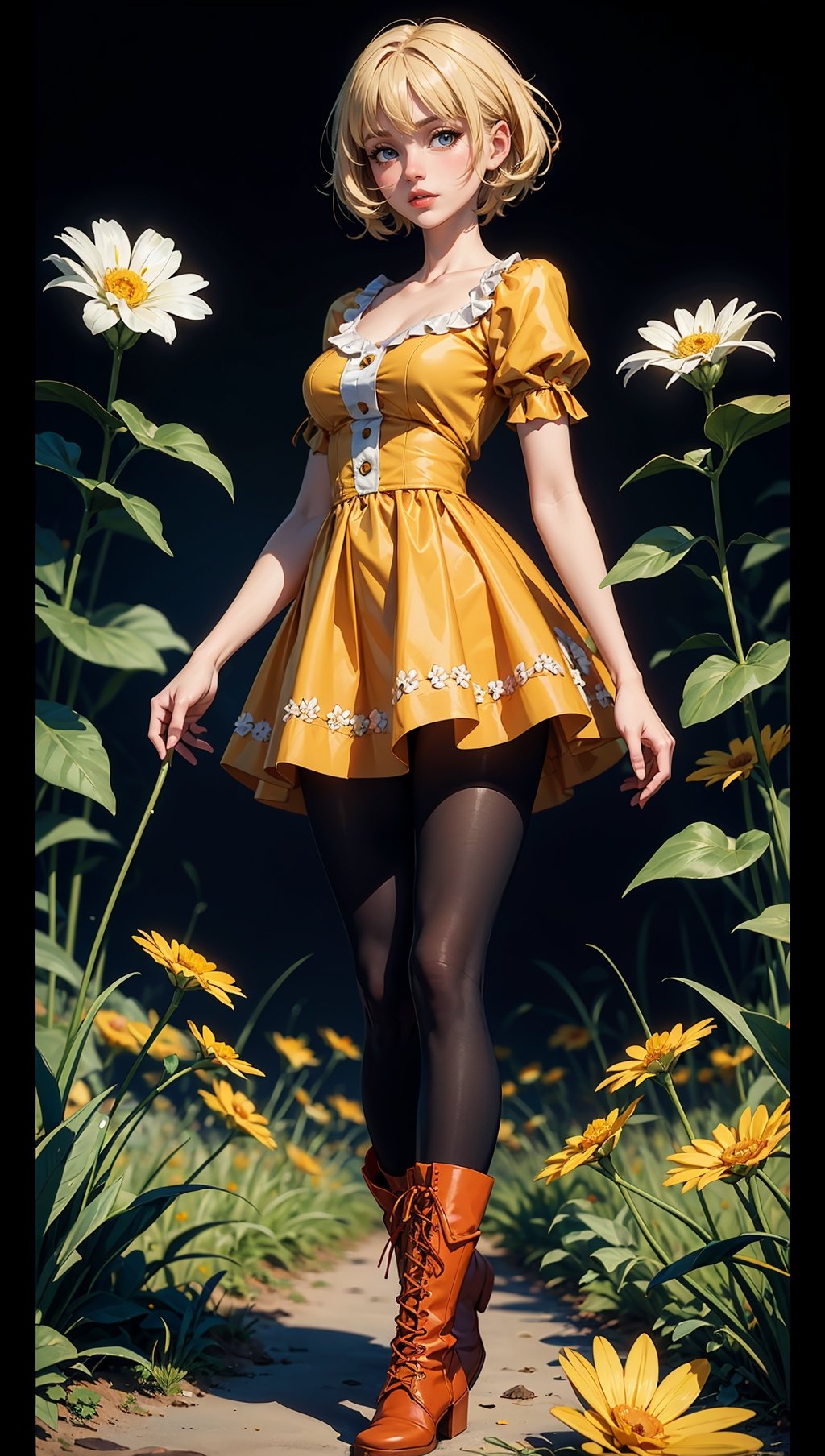 (masterpiece, top quality, best quality, official art, beautiful and aesthetic:1.2), 1girl, flower, solo, petals, breasts, short_hair, blonde_hair, medium_breasts, yellow_flower, dress, flower_field, parted_lips, looking_at_viewer, field, white_flower, orange_theme, upper_body, dark simple background, looking at viewer, blonde,
pantyhose, boots, full_body