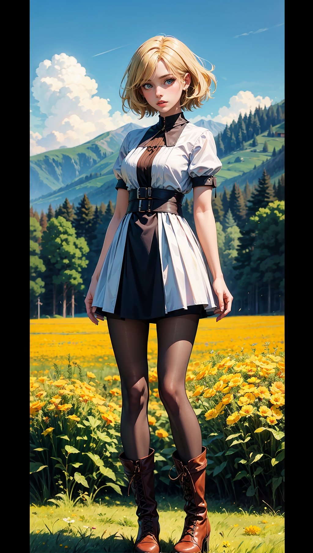 (masterpiece, top quality, best quality, official art, beautiful and aesthetic:1.2), 1girl, flower, solo, petals, breasts, short_hair, blonde_hair, medium_breasts, yellow_flower, dress, flower_field, parted_lips, looking_at_viewer, field, white_flower, orange_theme, upper_body, dark simple background, looking at viewer, blonde,
pantyhose, boots, full_body