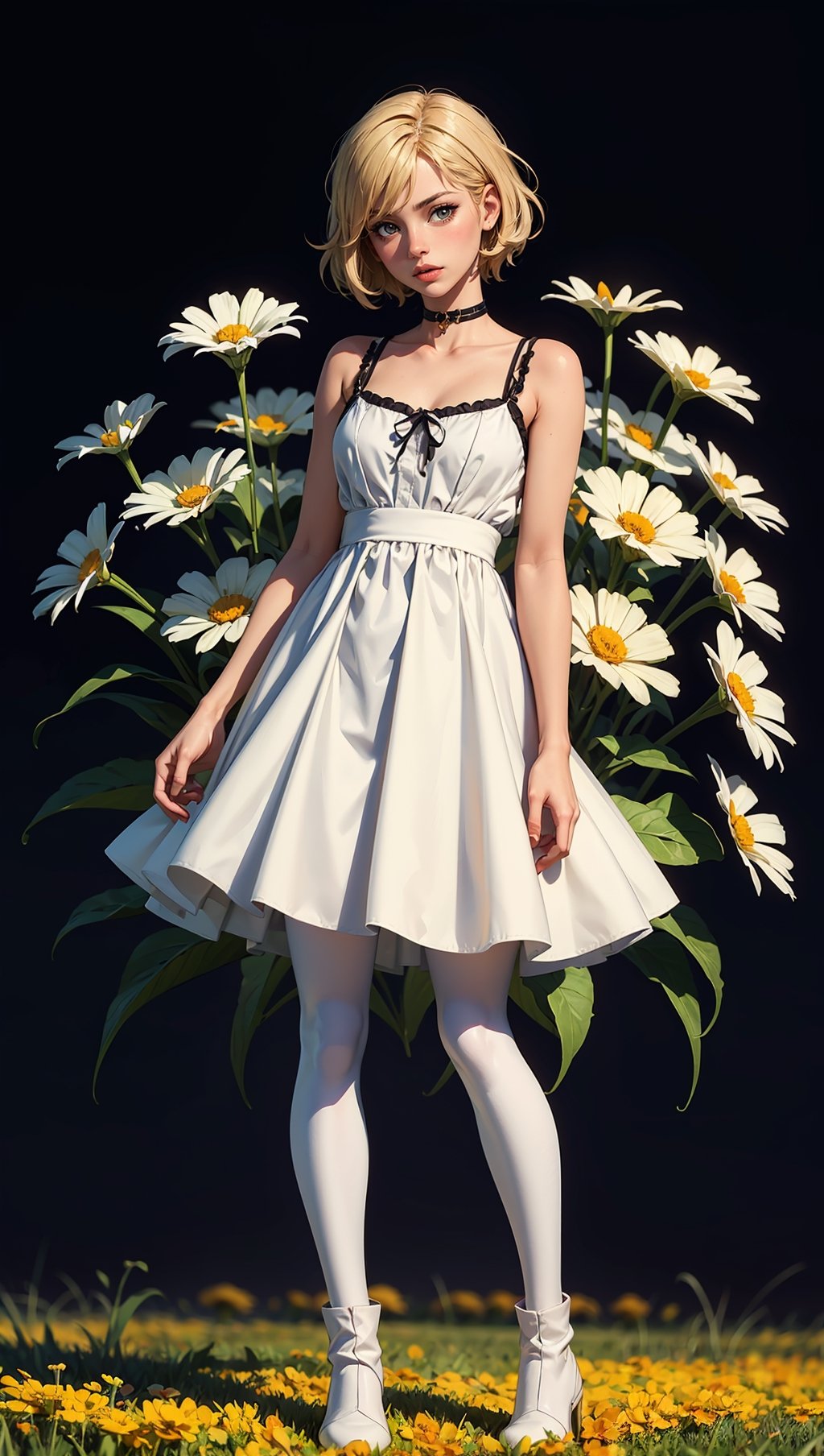 (masterpiece, top quality, best quality, official art, beautiful and aesthetic:1.2), 1girl, flower, solo, petals, breasts, short_hair, blonde_hair, medium_breasts, yellow_flower, dress, flower_field, parted_lips, looking_at_viewer, field, white_flower, orange_theme, upper_body, dark simple background, looking at viewer, blonde,
white pantyhose, boots, full_body