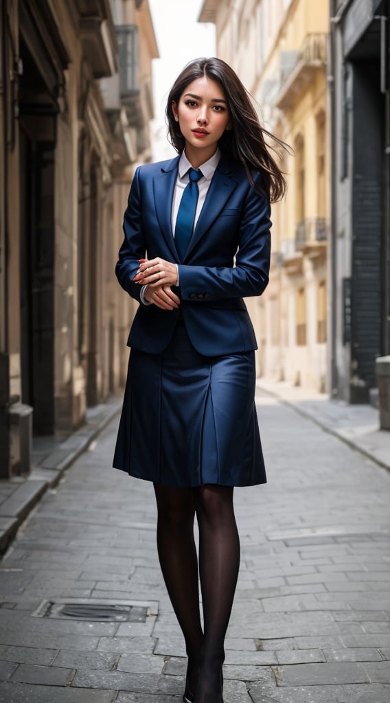 ((((ntelligent woman in her 30s, wearing a stylish business suit and looking directly at the camera. She has a determined expression on her face, and her eyes are filled with ambition. The background is blurred, creating a sense of focus on the woman's face)))), bokeh, (((contrast 0.8))), (((super stylish))), smiling, ((((medium_breasts)))), (((tan skin))),  (((full length portraits))), A_beautiful_American_young_woman, slight_grin, random_facial_expressions, (((Correct_facial_features))), perfect_face, Flirting,12K, African, Asia, India, Caucasian, ((perfect_face)), slick_hair, enameled, soft_studio_lighting, dynamic_pose's, (((hyper_detailed_face))), (((perfect_eye, perfect_fingers))), backlighting, colorful, cinematic_film_still. beautiful_lighting, best_quality, realistic, full_length_portrait, real_image, intricate_details, 1_Italian woman, beautifully_tanned_olive skin, highly_detailed, captivating_facial_features, tall, anatomically_correct, Fujifilm_XT3, outdoors, atmospheric_glow, RAW photo, 8k uhd, film grain, 6000, female, Movie Still, photo r3al, Film Still, Cinematic, Cinematic Shot, female focus, Italian female, AngelicStyle, Cinematic Lighting, Germany female, France female, European Country would you Like, ,High detailed ,Color magic,Saturated colors,FFIXBG,chubby,Color saturation ,SAM YANG,1 girl,perfecteyes,yuzu,renaissance,blurry_light_background, skirt, necktie, pantyhose, full_body