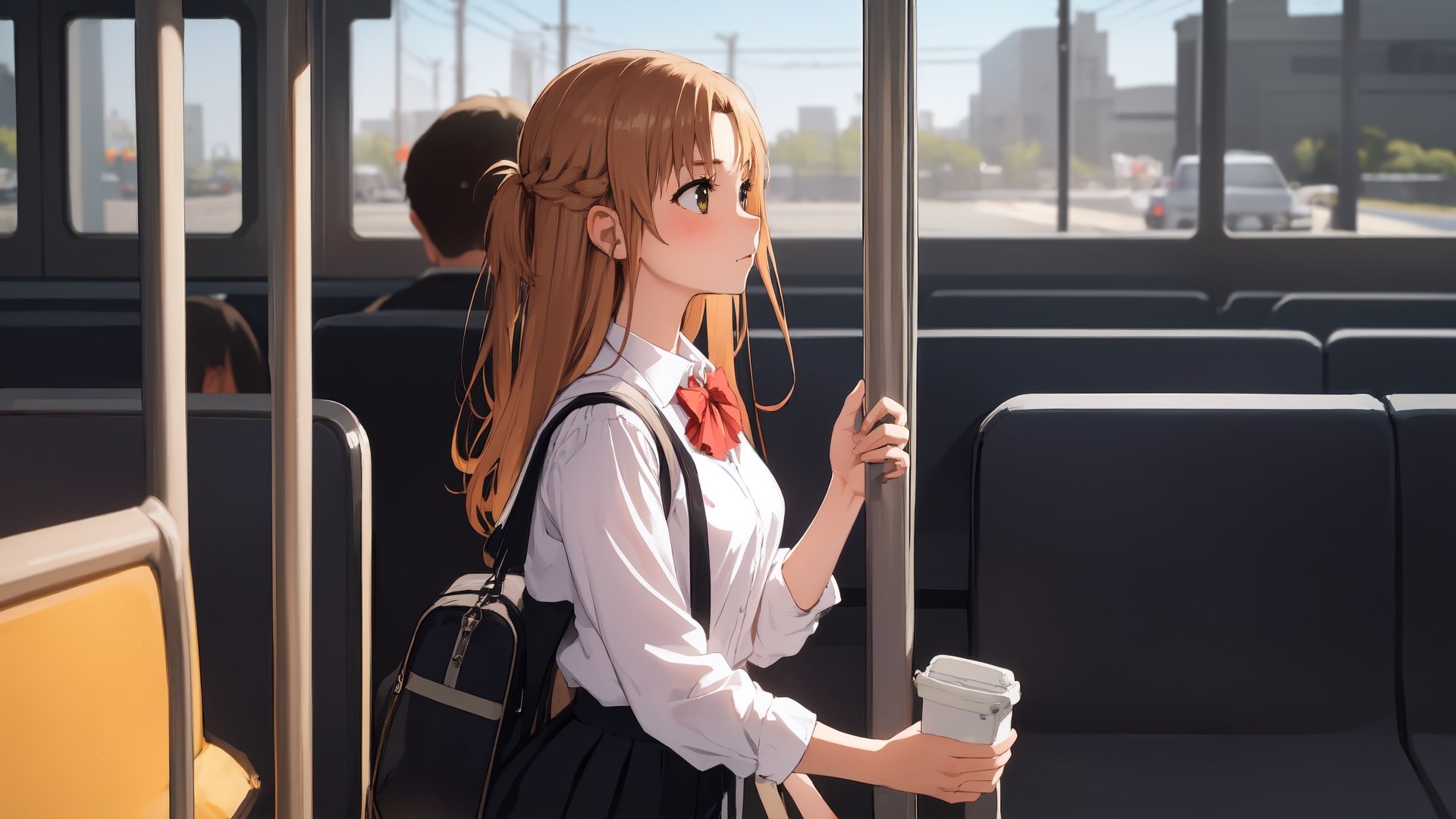 high_school_girl, SAM YANG, disheveled, aaasuna, perfect hands, , in a modern world, medium_breasts, school_uniforms, taking a bus, schoolbag, go to school