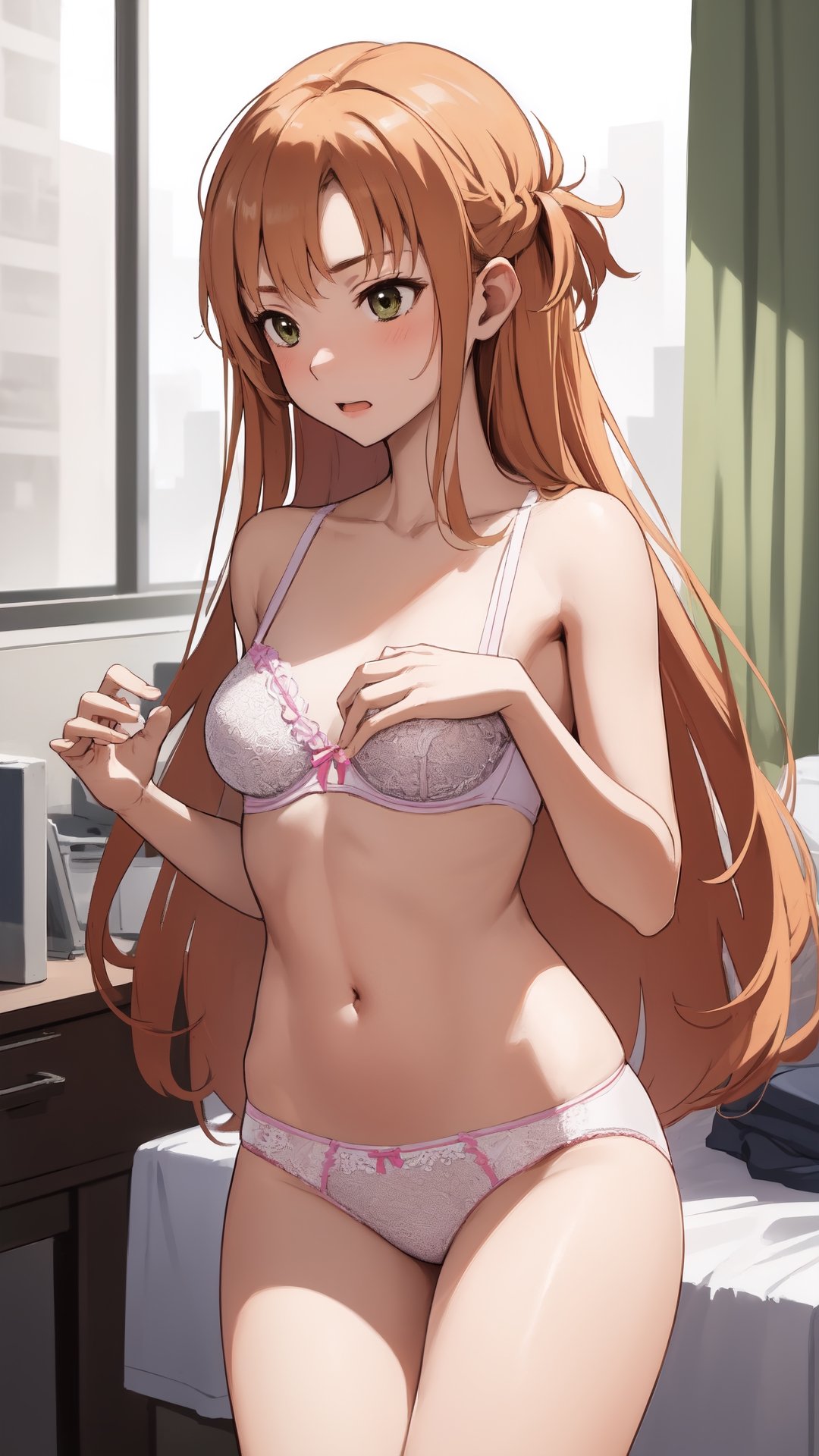 high_school_girl, SAM YANG, disheveled, aaasuna, perfect hands, , in a modern world, in her room, medium_breasts, changing cloth, underwear, shy