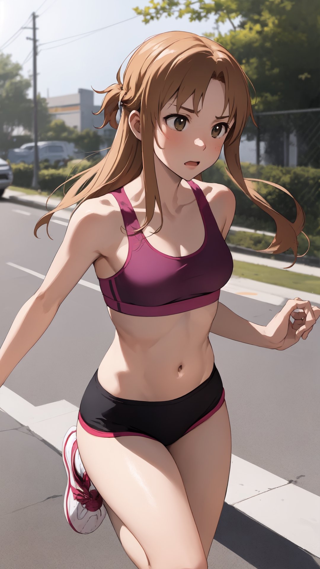 high_school_girl, SAM YANG, disheveled, aaasuna, perfect hands, sport bra, in a modern world, Jogging, medium_breasts
