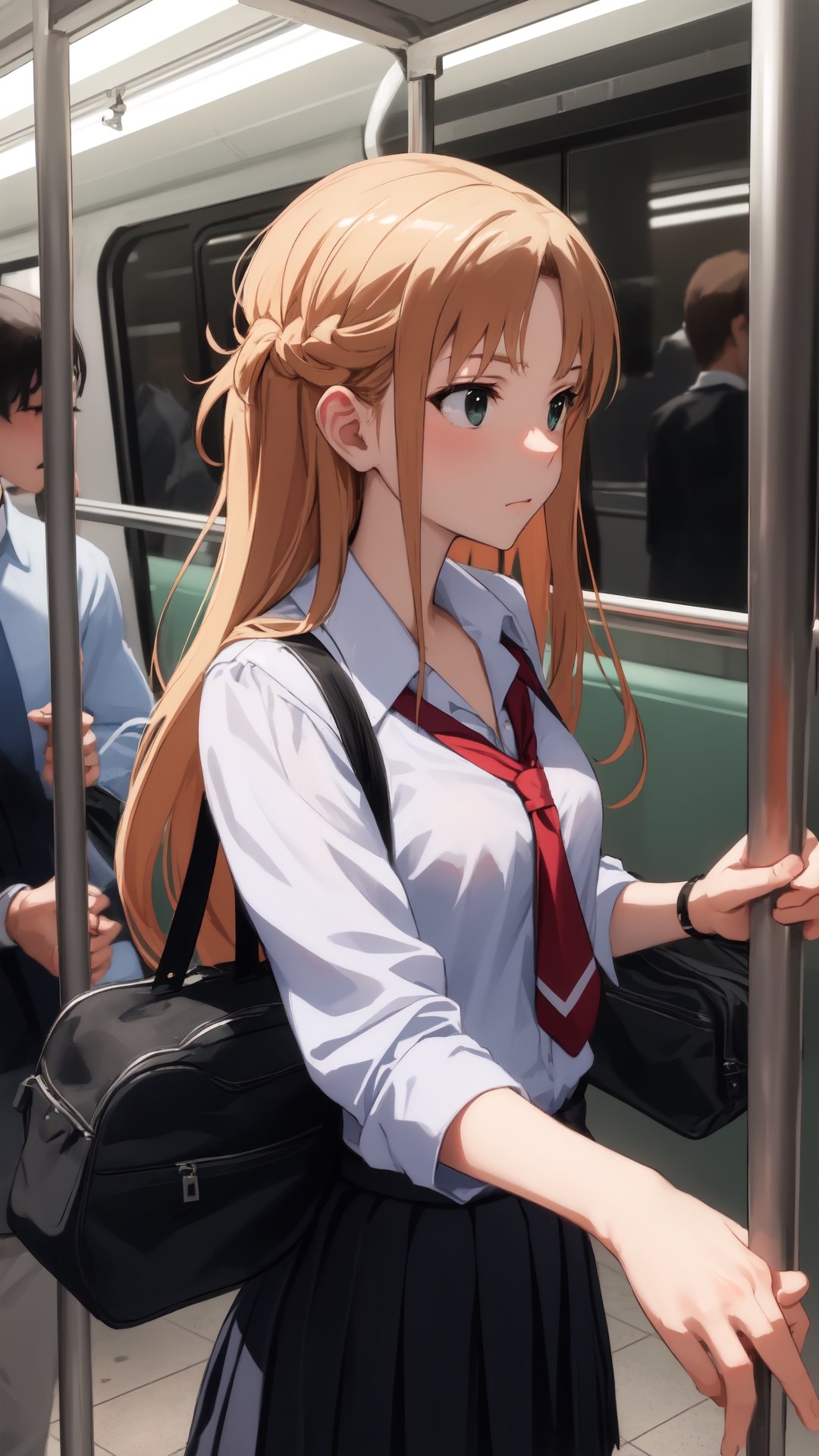 high_school_girl, SAM YANG, disheveled, aaasuna, perfect hands, , in a modern world, medium_breasts, school_uniforms, taking a Subway, schoolbag, go to school