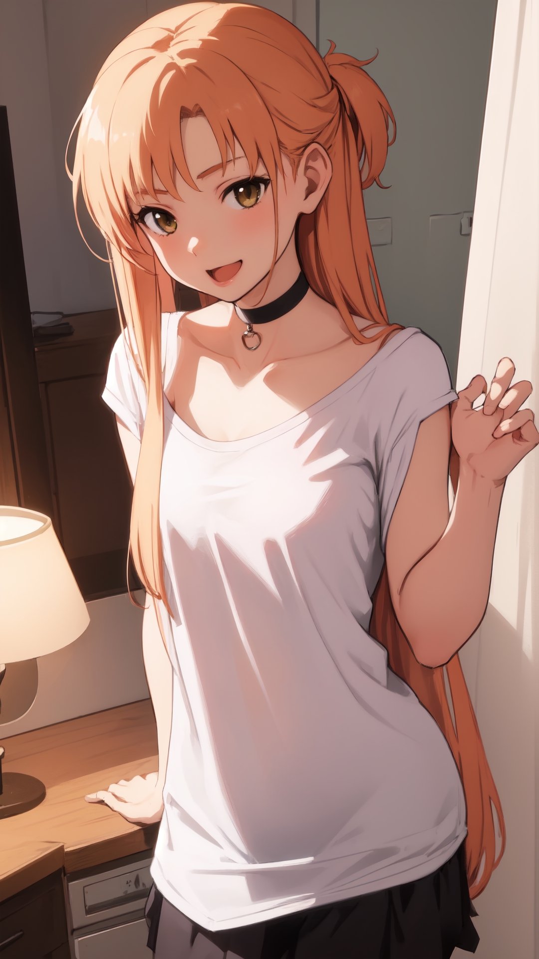 high_school_girl, SAM YANG, disheveled, aaasuna, perfect hands, , in a modern world, in her room, medium_breasts, happy, sex, naked_shirt, black Choker