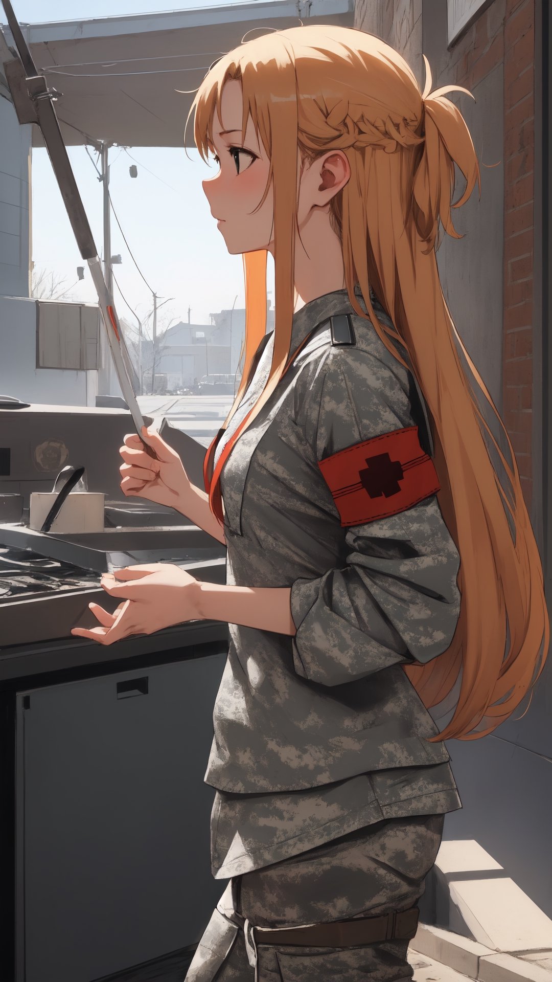 high_school_girl, SAM YANG, disheveled, aaasuna, perfect hands, , in a modern world, medium_breasts, camouflage military nurse