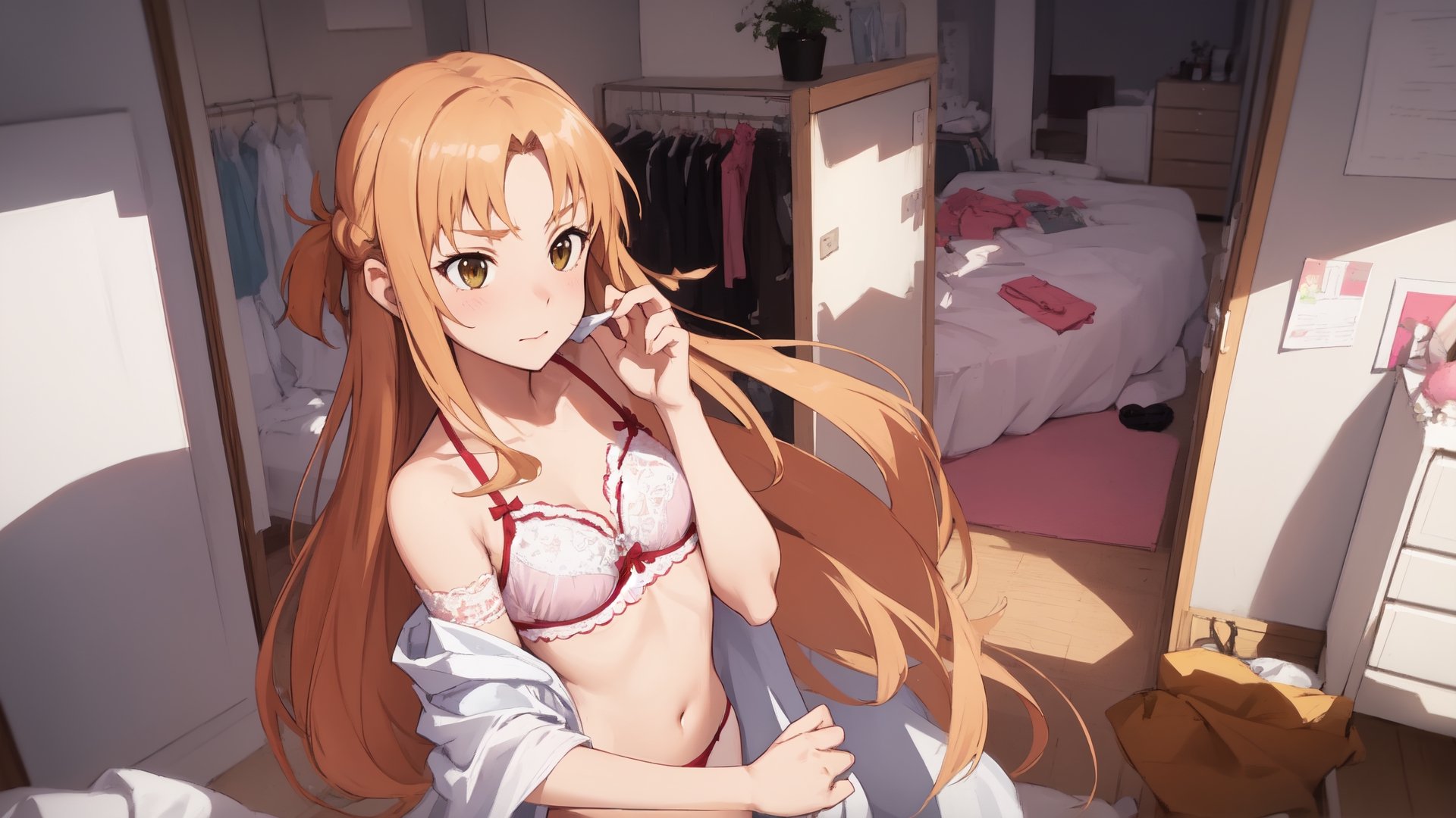 high_school_girl, SAM YANG, disheveled, aaasuna, perfect hands, , in a modern world, in her room, medium_breasts, changing cloth, underwear, shy