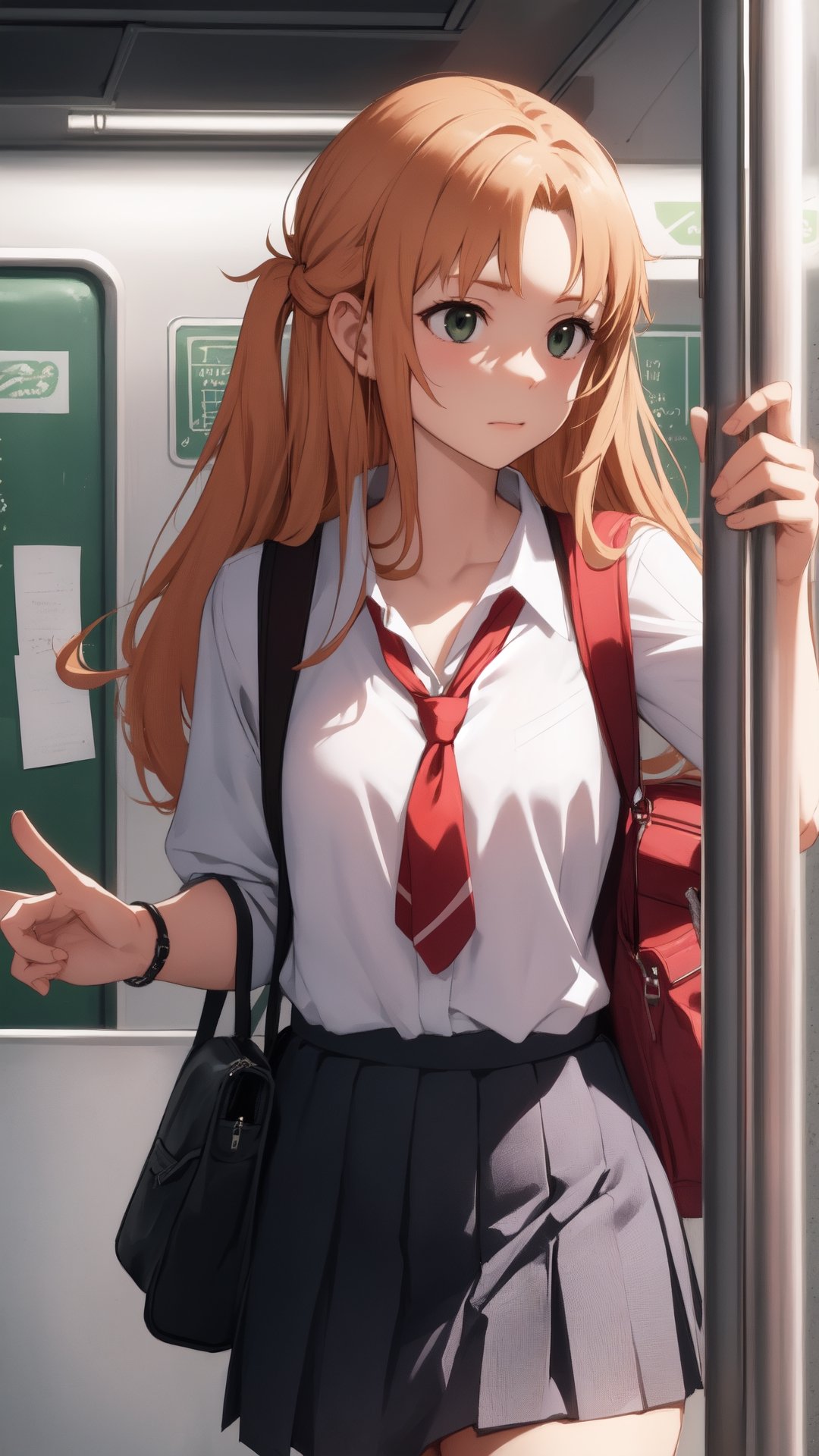 high_school_girl, SAM YANG, disheveled, aaasuna, perfect hands, , in a modern world, medium_breasts, school_uniforms, taking a Subway, schoolbag, go to school