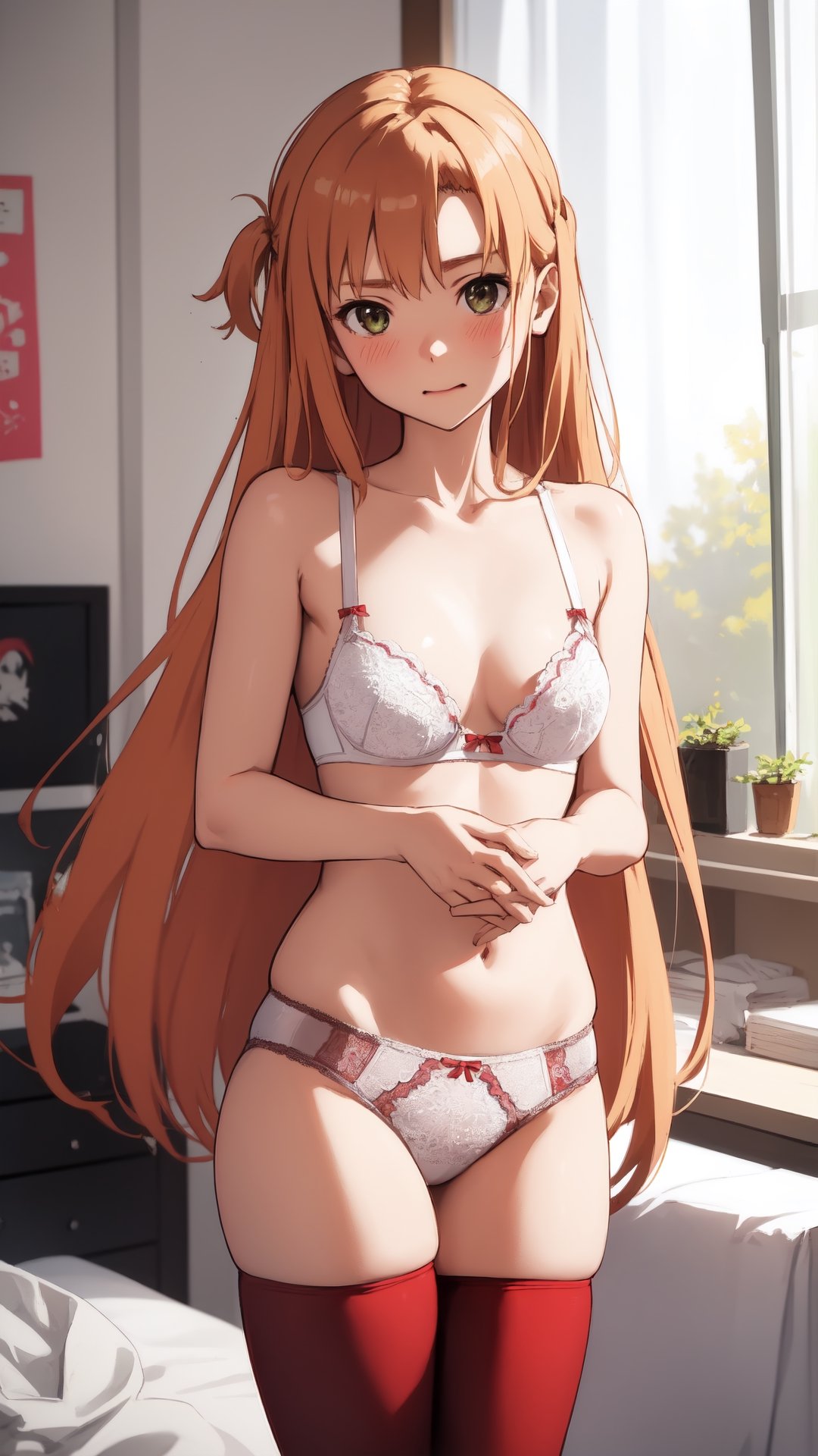 high_school_girl, SAM YANG, disheveled, aaasuna, perfect hands, , in a modern world, in her room, medium_breasts, changing cloth, underwear, shy